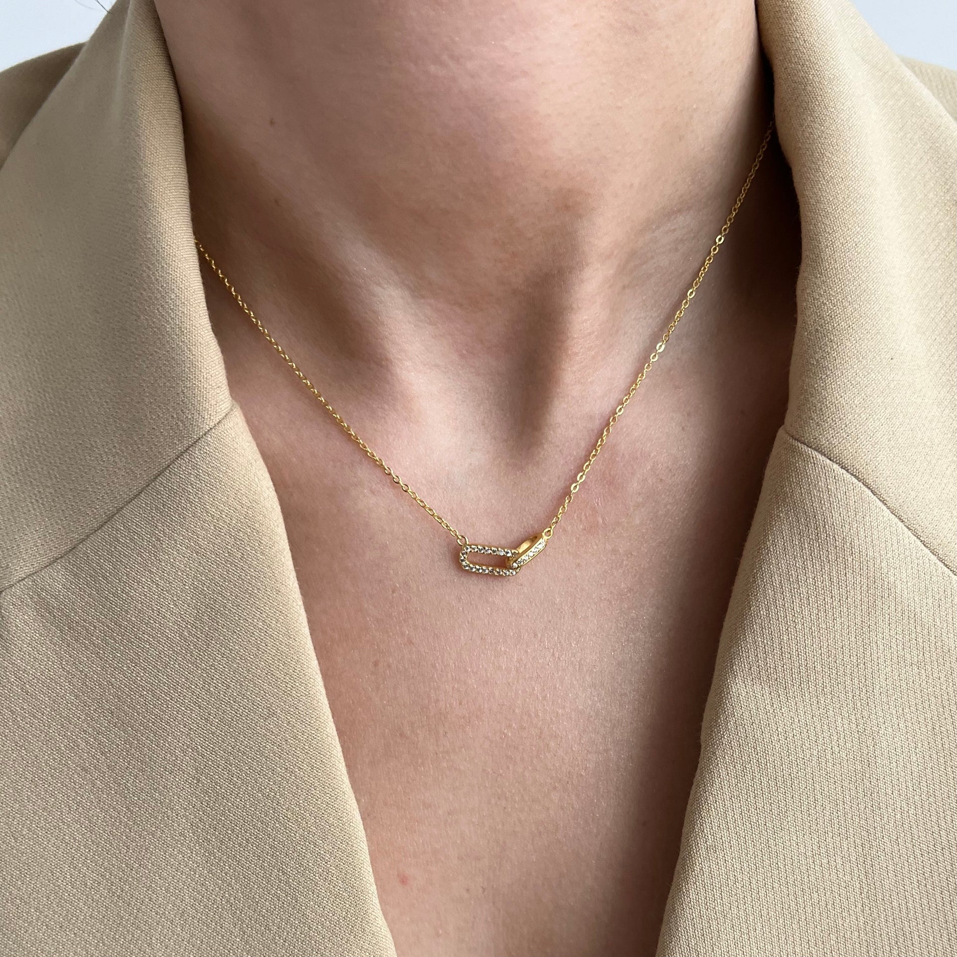 Gold Pave Cable Double Linked Pendant Necklace