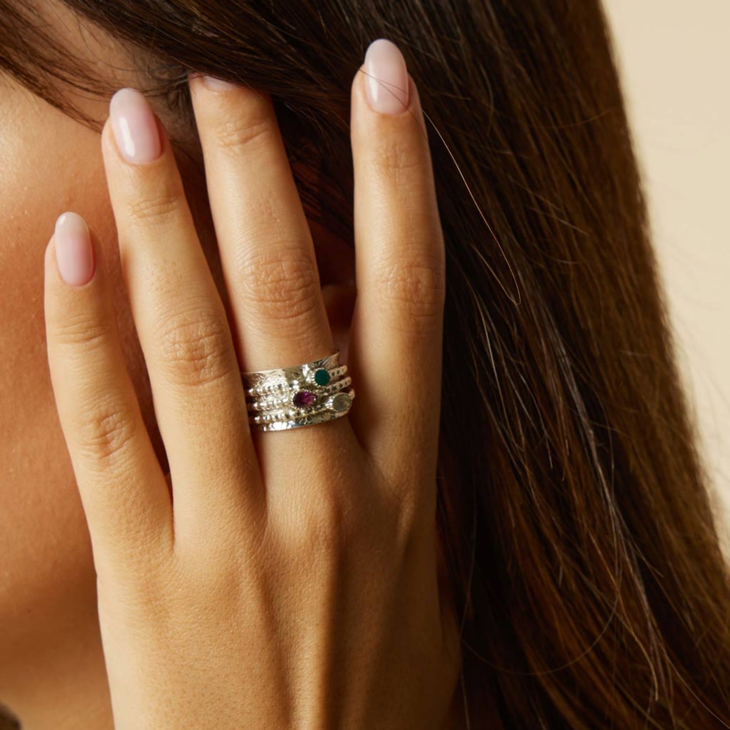 Ananda Silver Spinning Ring - Green Onyx, Moonstone And Rhodolite Garnet