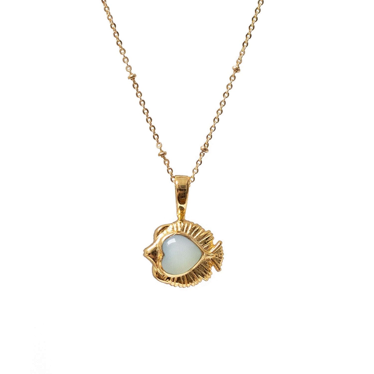 Angel Fish Charm With Aqua Chalcedony Cabochon On Short Satellite Chain