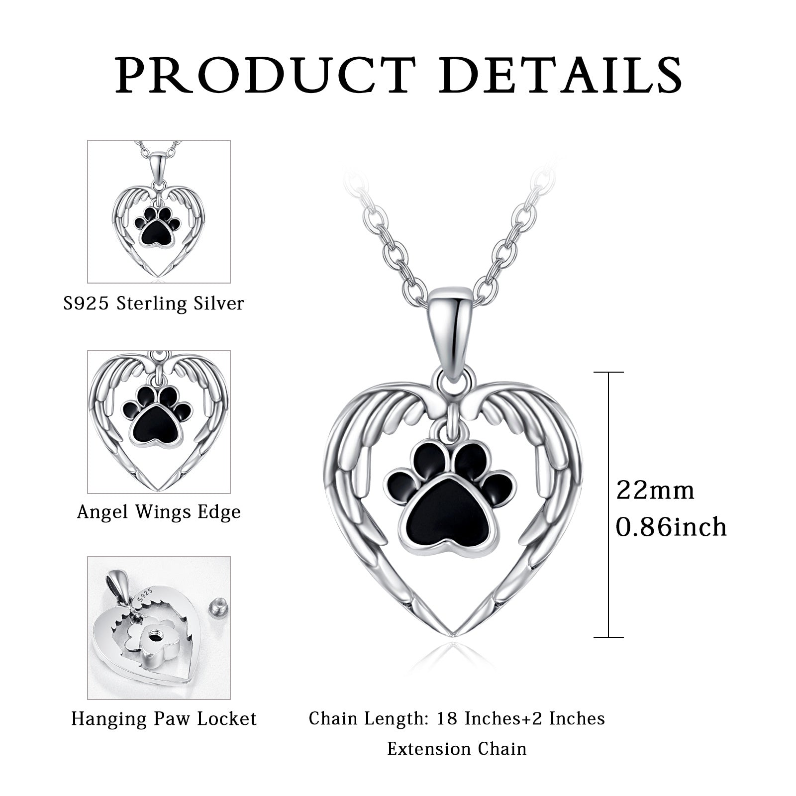 Sterling Silver Paw & Angel Wing Heart Urn Necklace for Ashes for Women