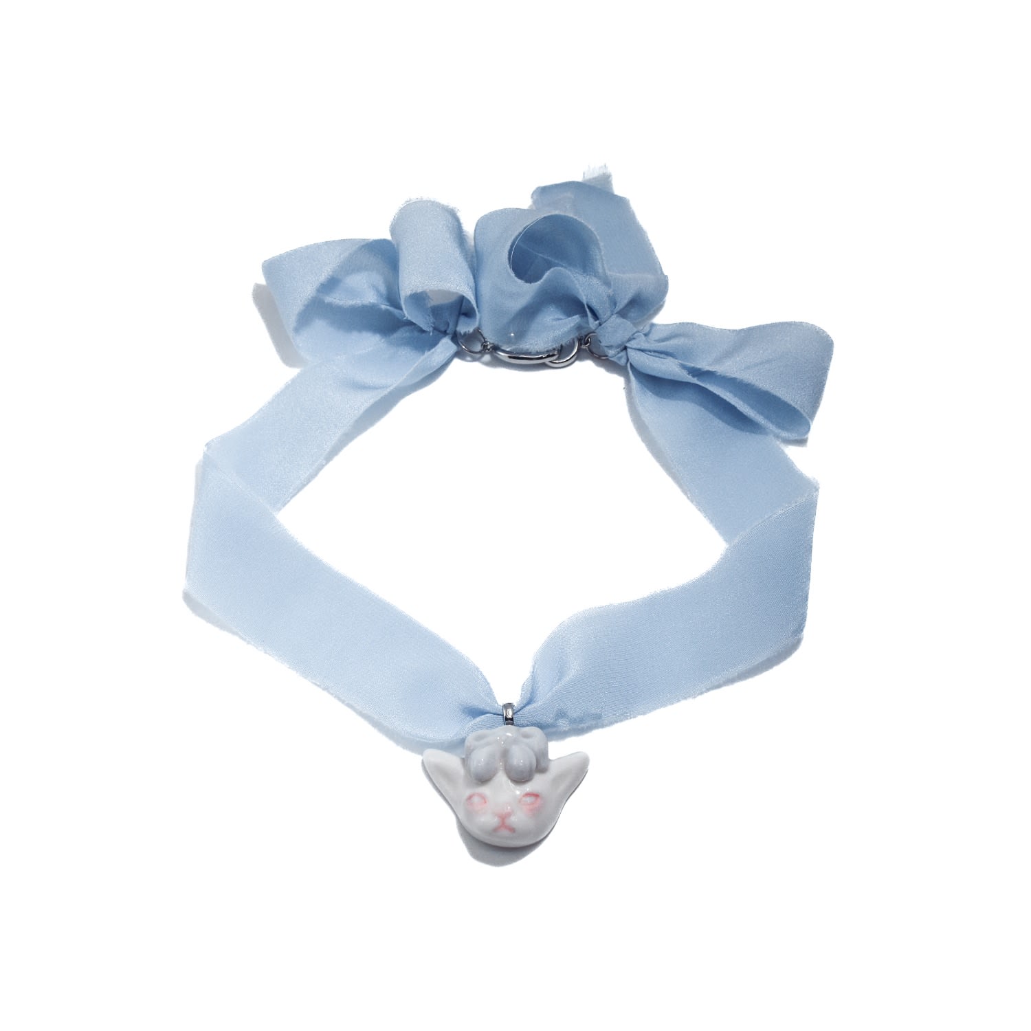 Angry Puss Baby Blue Silk Necklace Bowtie Cat