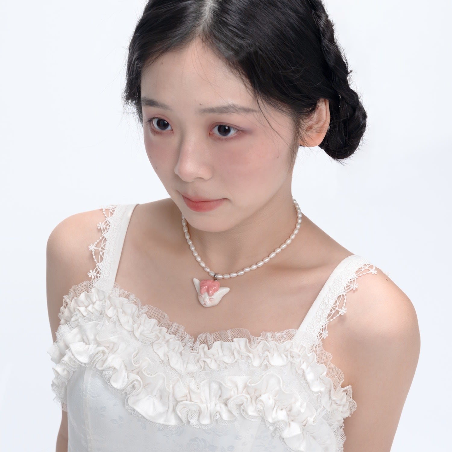 Angry Puss Coral Red Bow Tie Freshwater Pearl Necklace