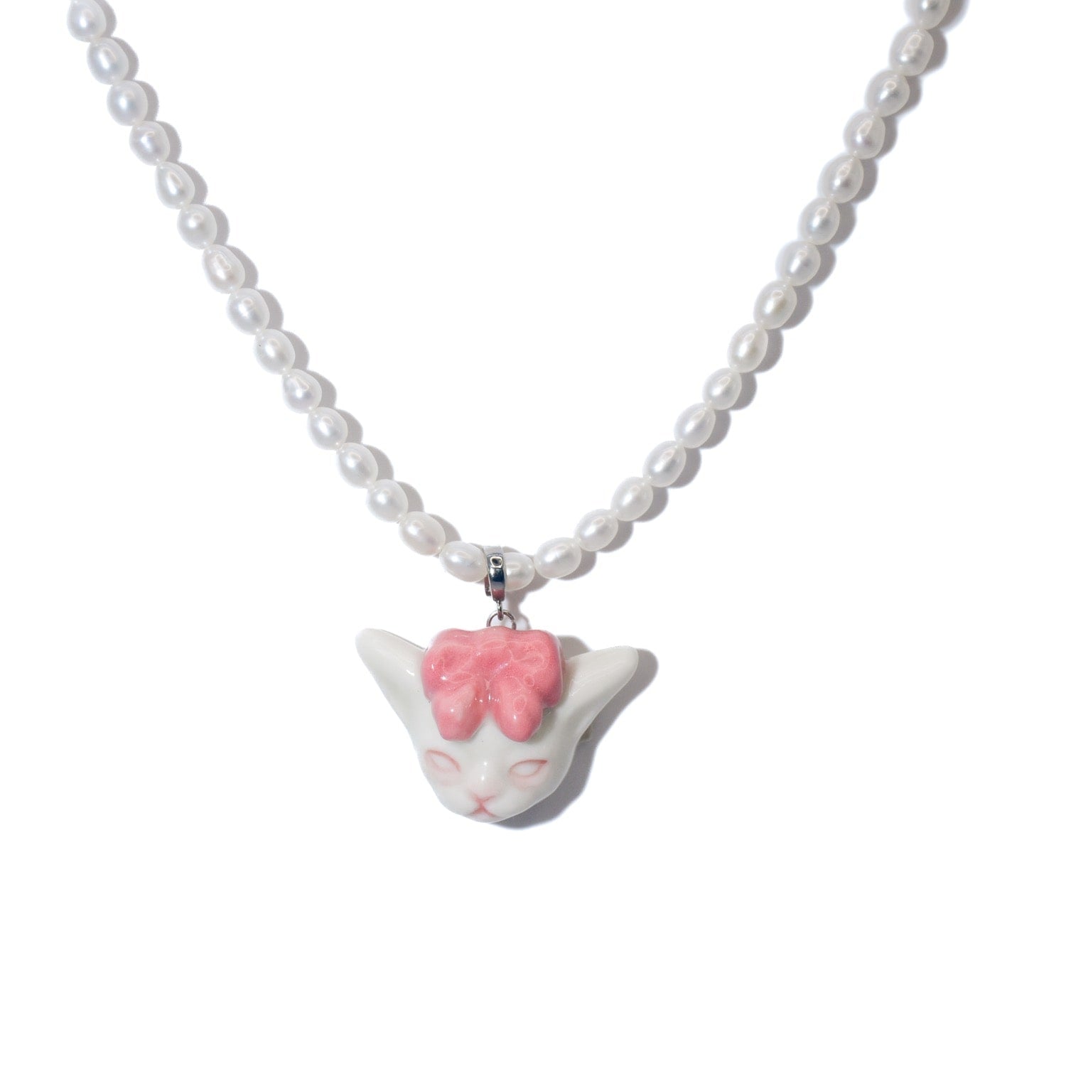 Angry Puss Coral Red Bow Tie Freshwater Pearl Necklace