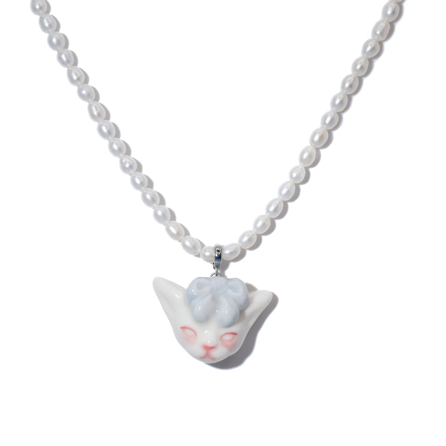 Angry Puss Light Misty Blue Bow Tie Freshwater Pearl Necklace