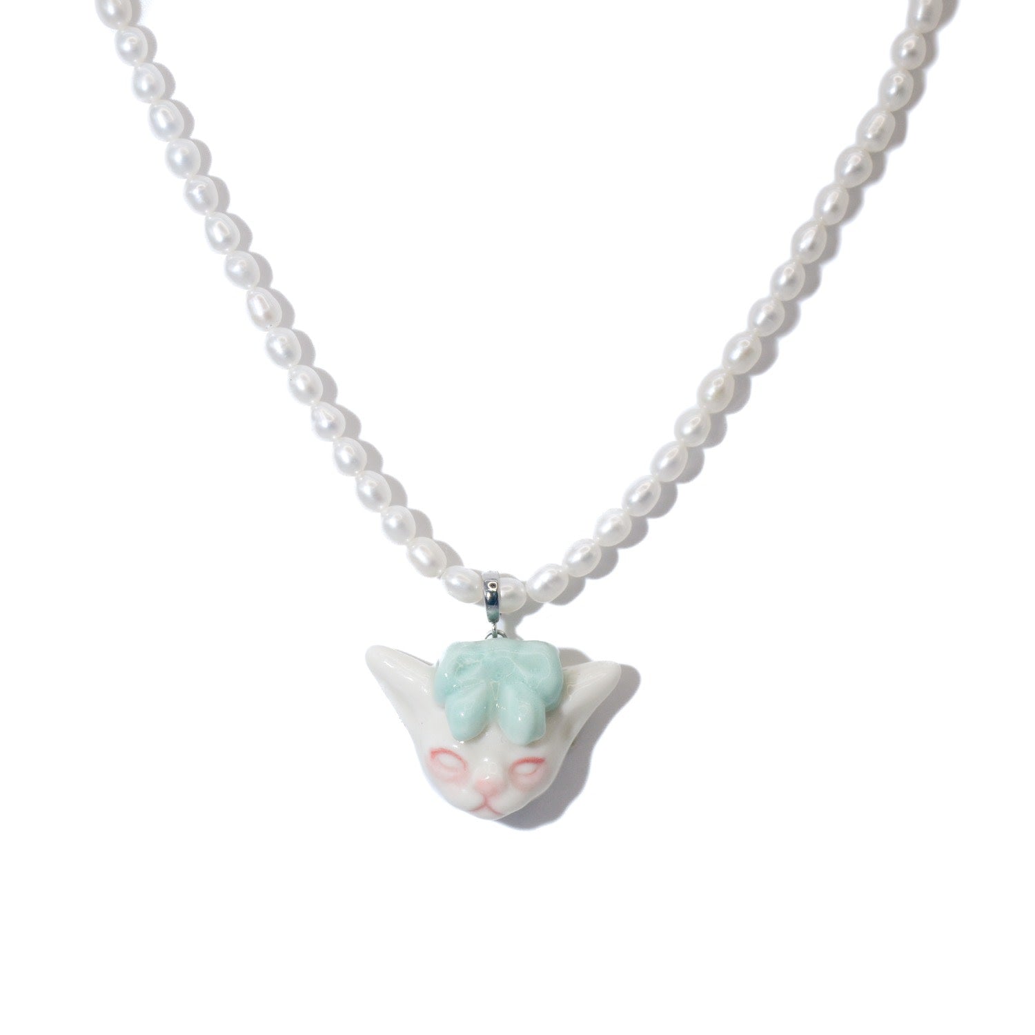 Angry Puss Mint Green Bow Tie Freshwater Pearl Necklace