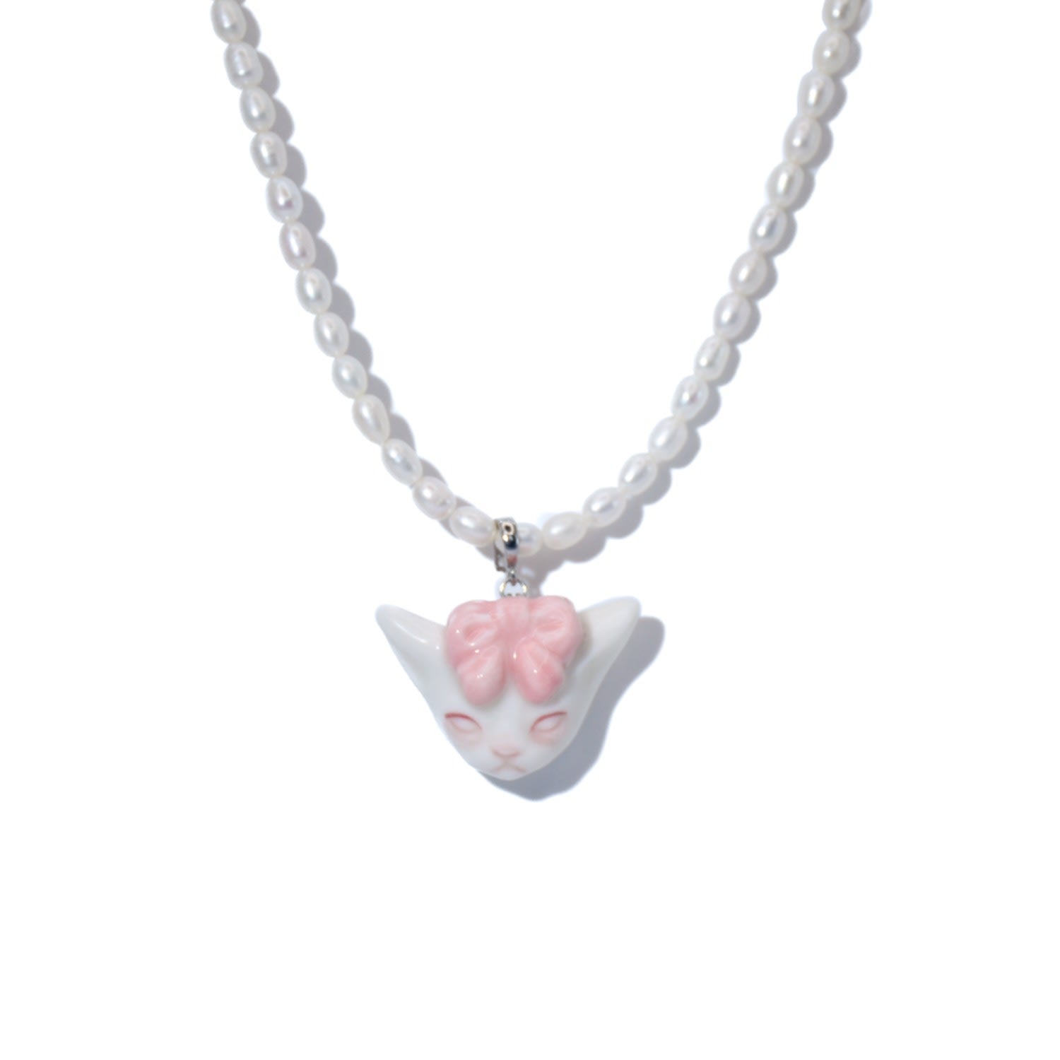 Angry Puss Pink Bowtie Freshwater Pearl Necklace