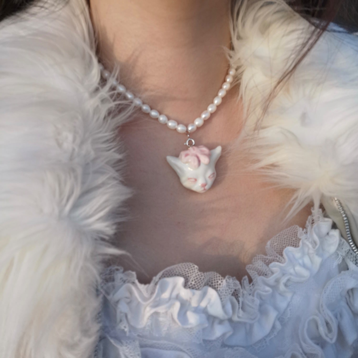 Angry Puss Pink Bowtie Freshwater Pearl Necklace