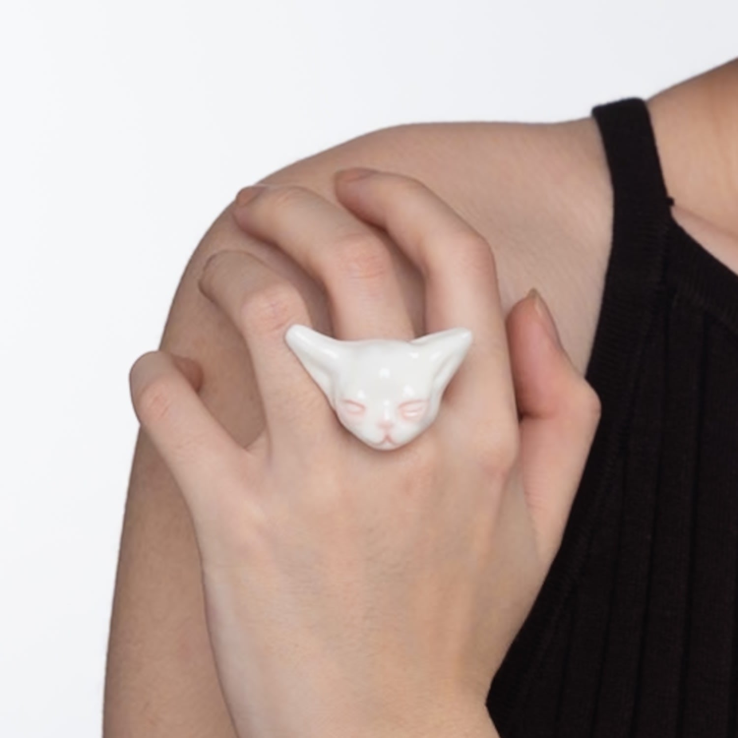 Angry Puss Porcelain Cat 14K Gold Plated Brass Ring