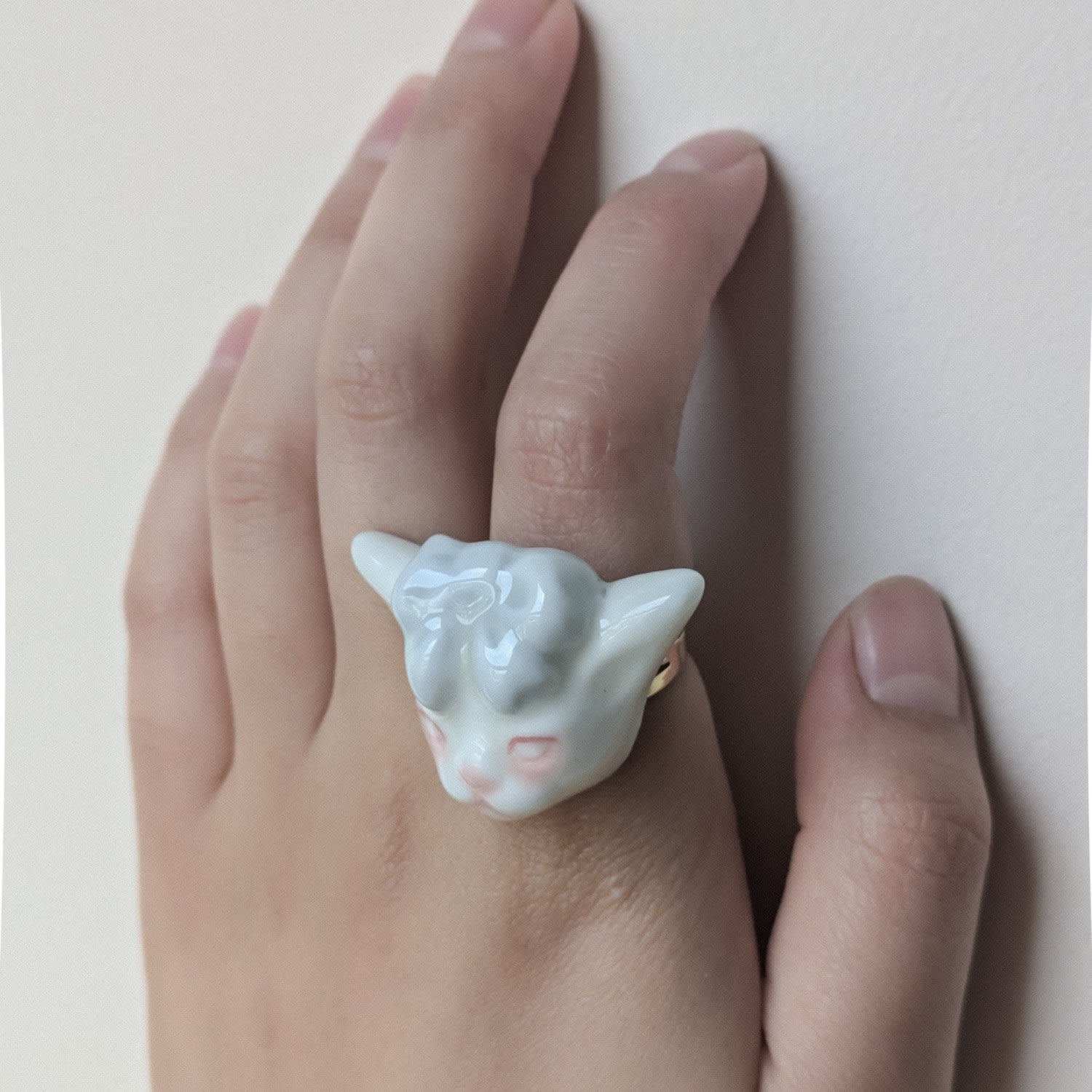 Angry Puss Porcelain Light Blue Bow Tie Cat 14K Gold Plated Brass Ring