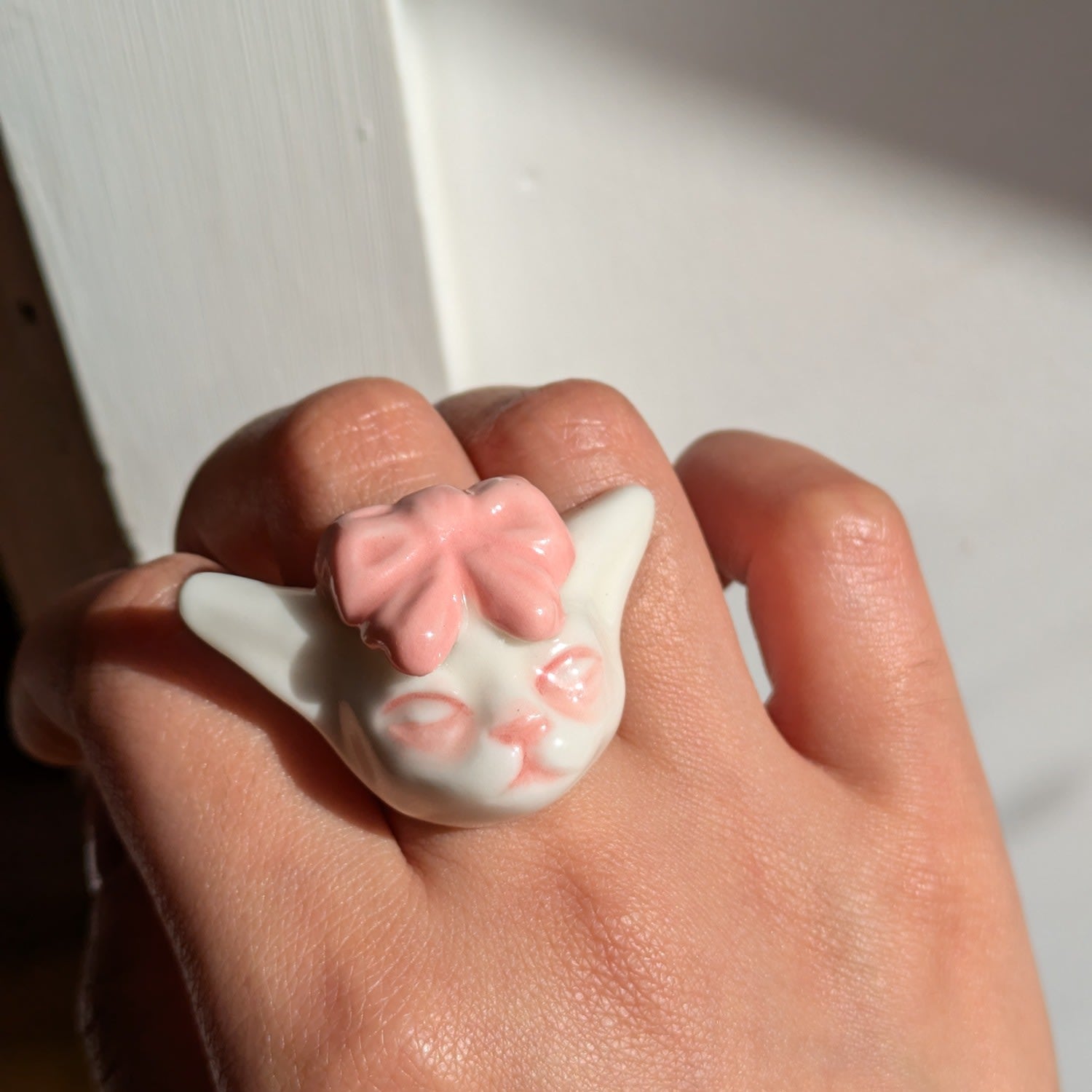 Angry Puss Porcelain Pink Bow Tie Cat Gold Plated Brass Ring