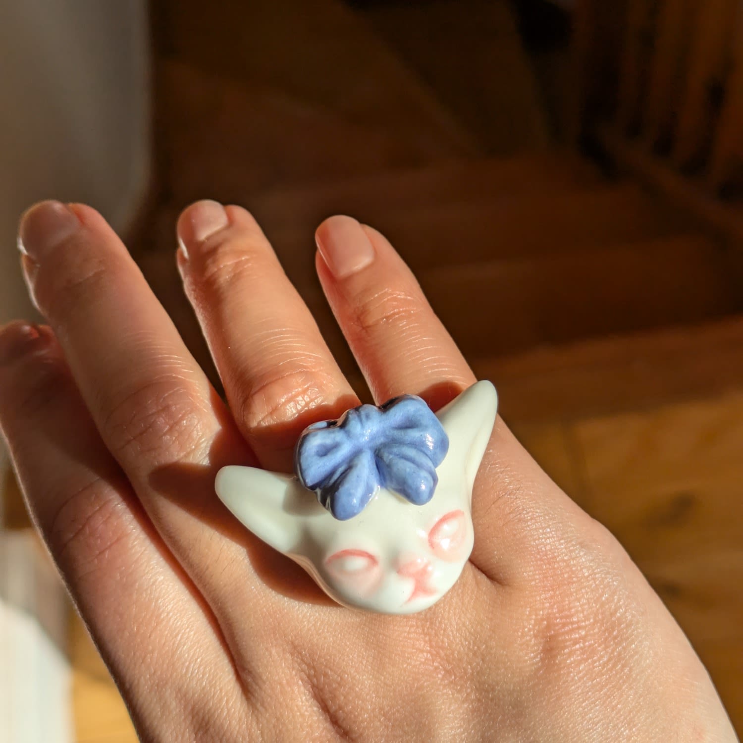 Angry Puss Porcelain Purple Blue Bow Tie Cat 14K Gold Plated Brass Ring