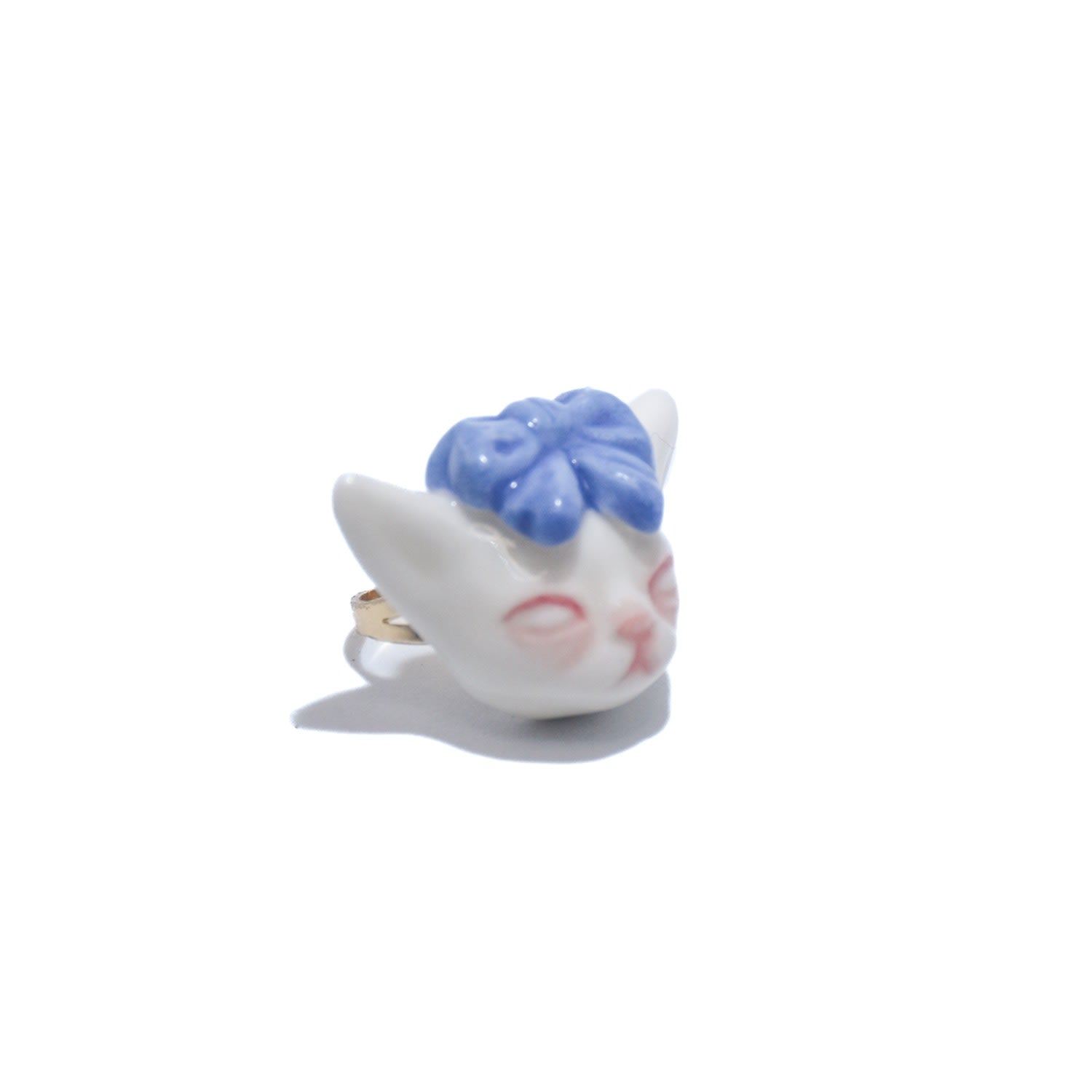 Angry Puss Porcelain Purple Blue Bow Tie Cat 14K Gold Plated Brass Ring