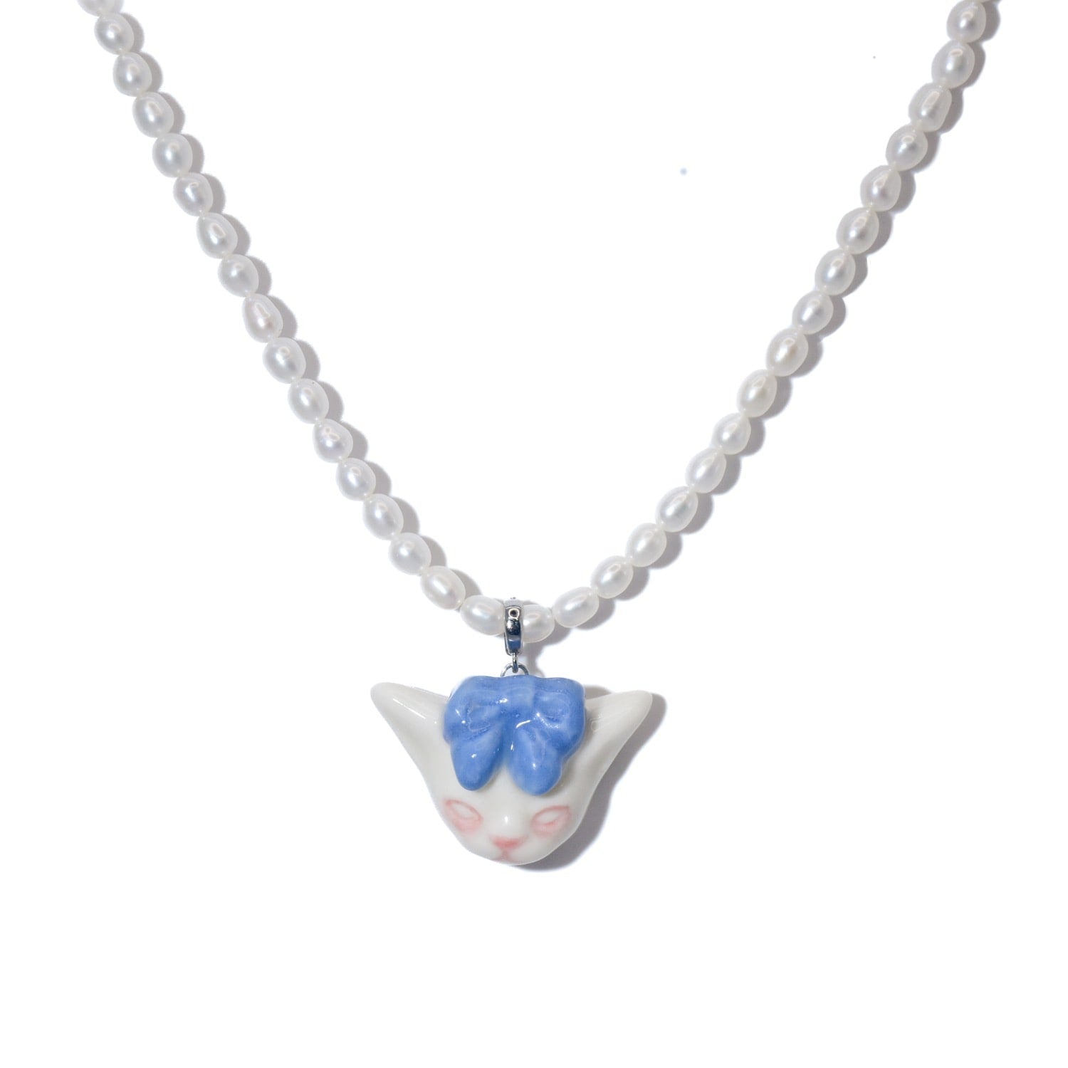 Angry Puss Purple Blue Bow Tie Freshwater Pearl Necklace