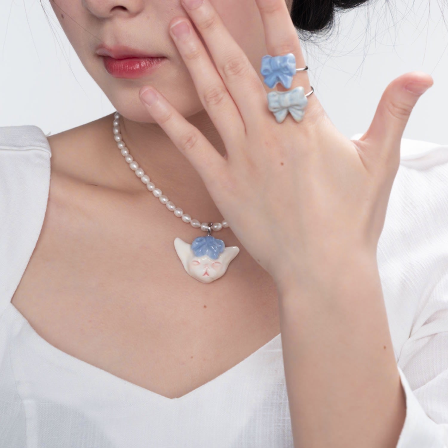 Angry Puss Purple Blue Bow Tie Freshwater Pearl Necklace