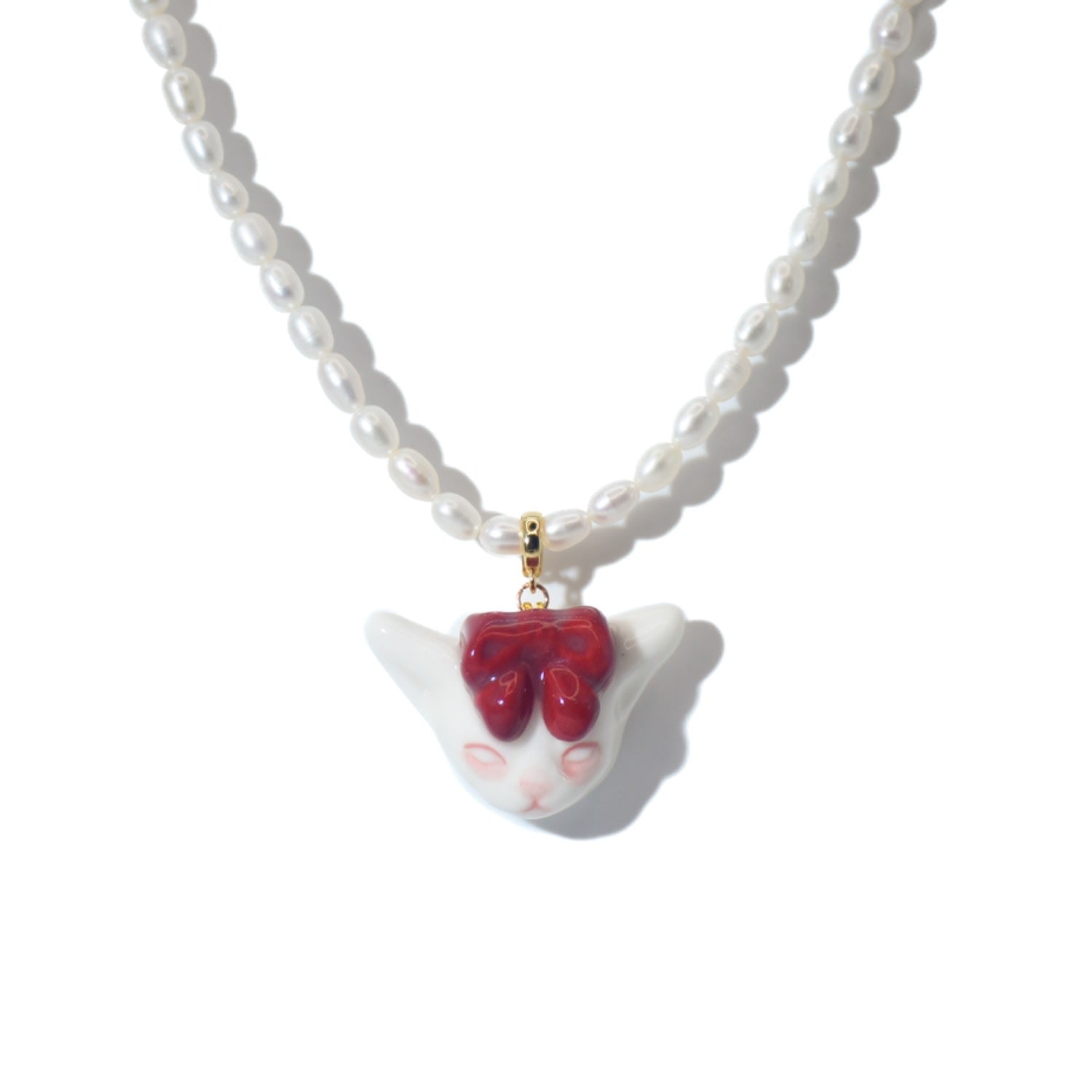 Angry Puss Ruby Red Bow Tie Freshwater Pearl Necklace
