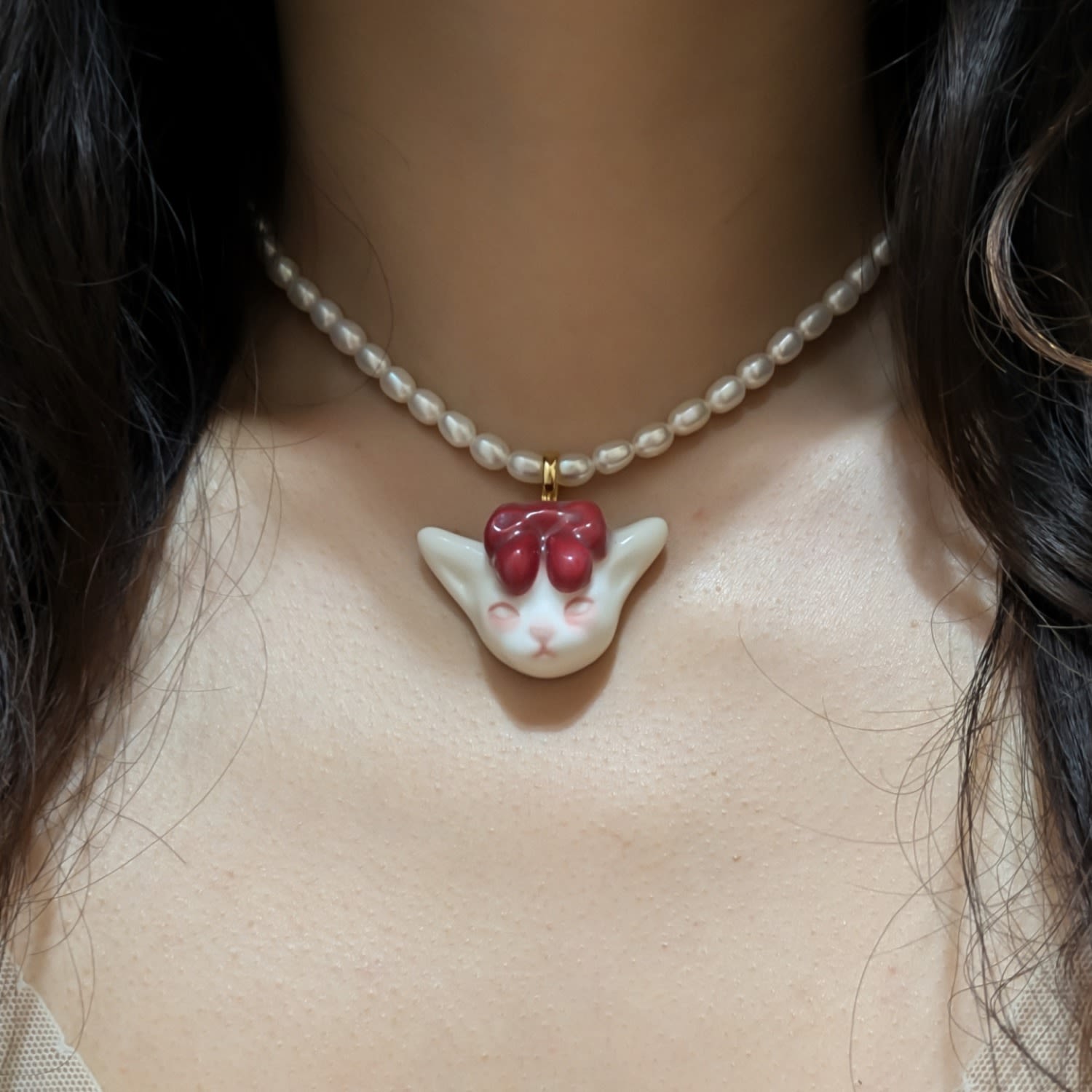 Angry Puss Ruby Red Bow Tie Freshwater Pearl Necklace