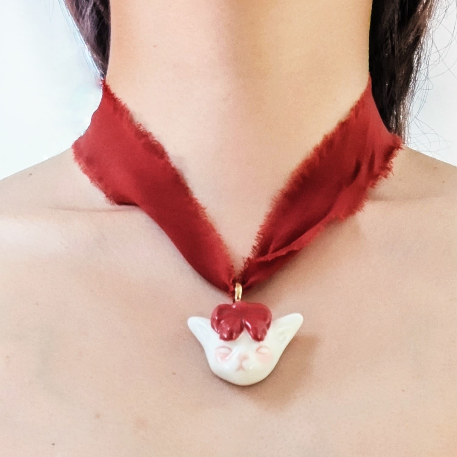 Angry Puss Ruby Red Silk Necklace Bowtie