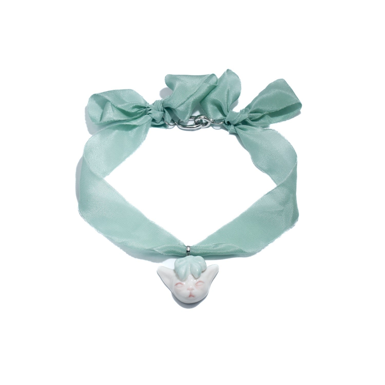 Angry Puss Summer Green Silk Necklace Bowtie Cat