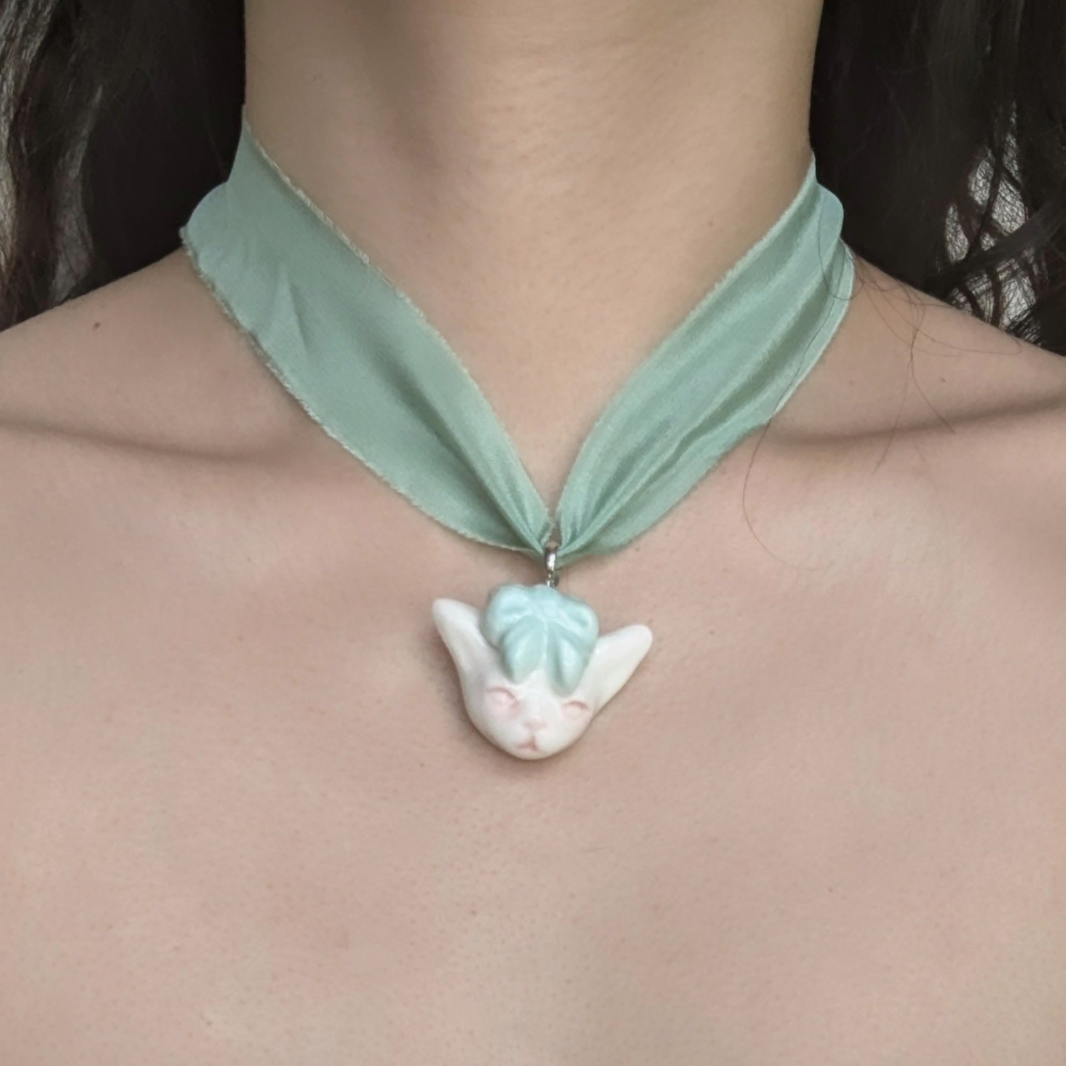 Angry Puss Summer Green Silk Necklace Bowtie Cat