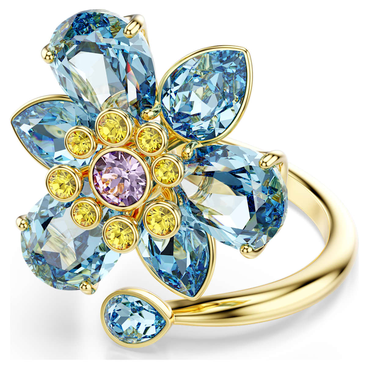 IDYLLIA OPEN RING MIXED CUTS FLOWER BLUE GOLD TONE PLATED