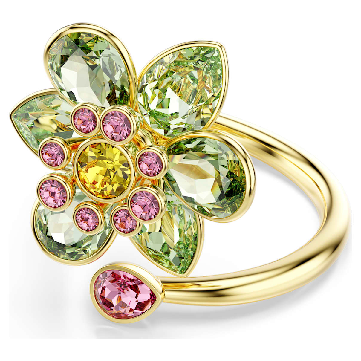 IDYLLIA OPEN RING MIXED CUTS FLOWER GREEN GOLD TONE PLATED