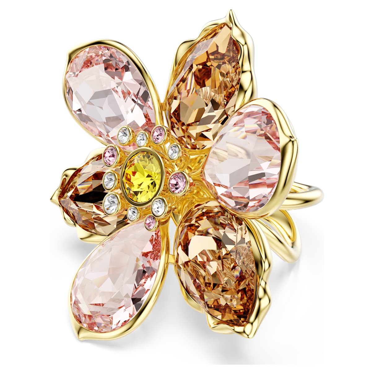 IDYLLIA MOTIF RING MIXED CUTS FLOWER MULTICOLORED GOLD TONE PLATED