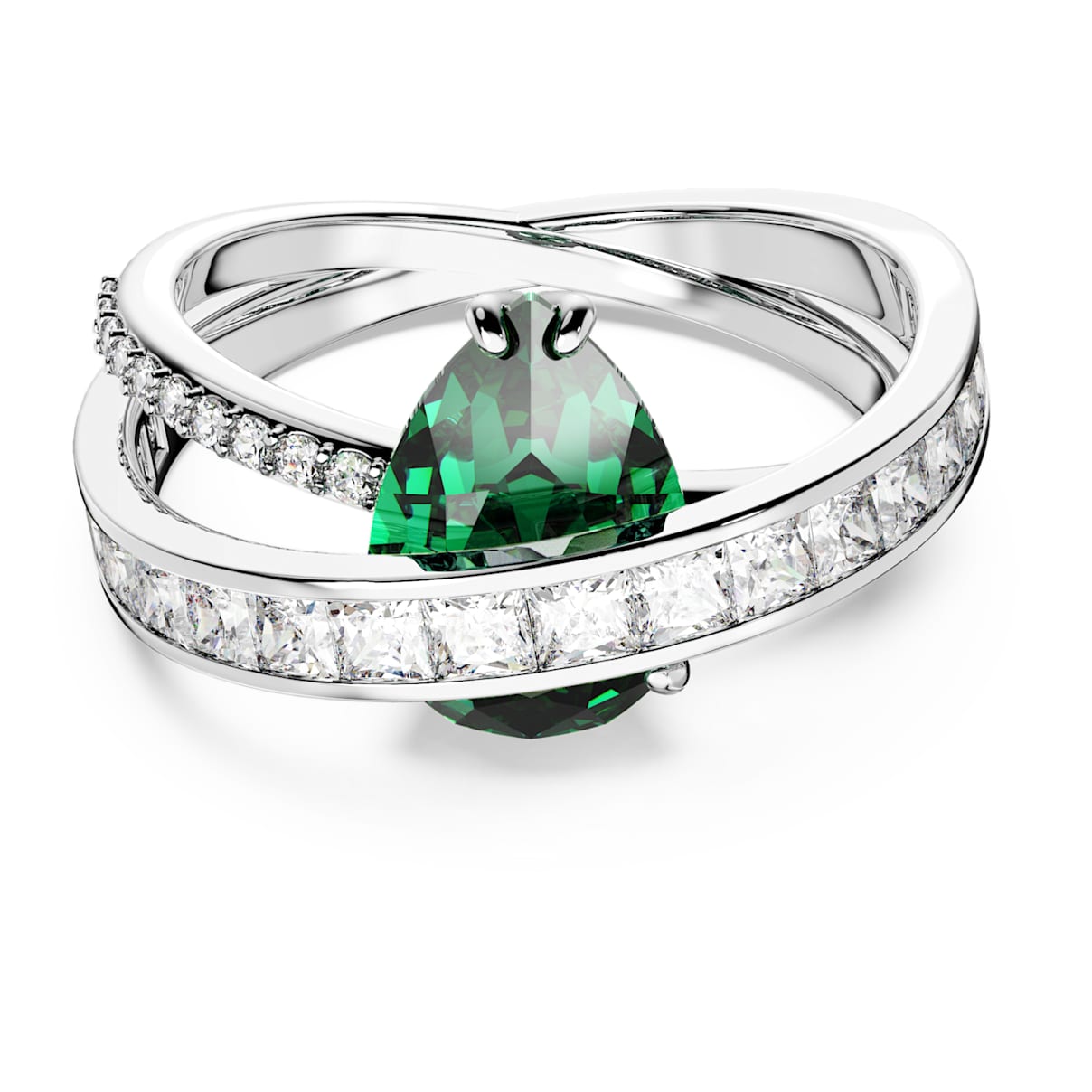 HYPERBOLA COCKTAIL RING MIXED CUTS DOUBLE BANDS GREEN RHODIUM PLATED