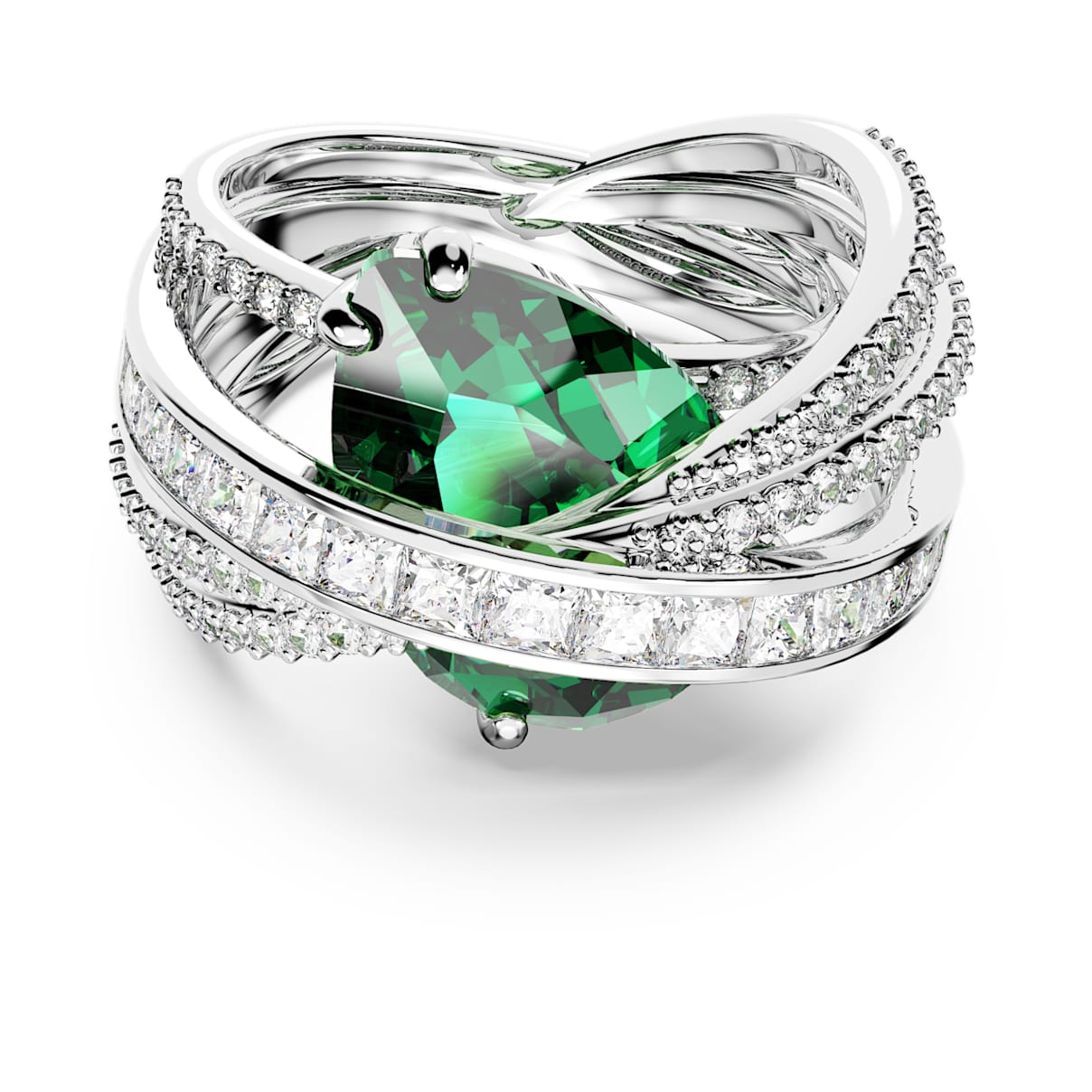HYPERBOLA COCKTAIL RING MIXED CUTS FOUR BANDS GREEN RHODIUM PLATED
