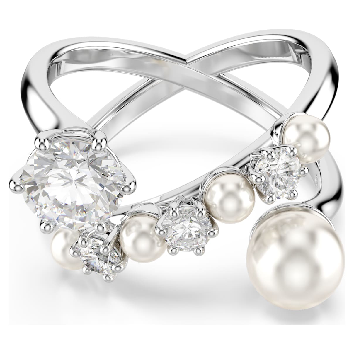 MATRIX COCKTAIL RING CRYSTAL PEARL ROUND CUT WHITE RHODIUM PLATED