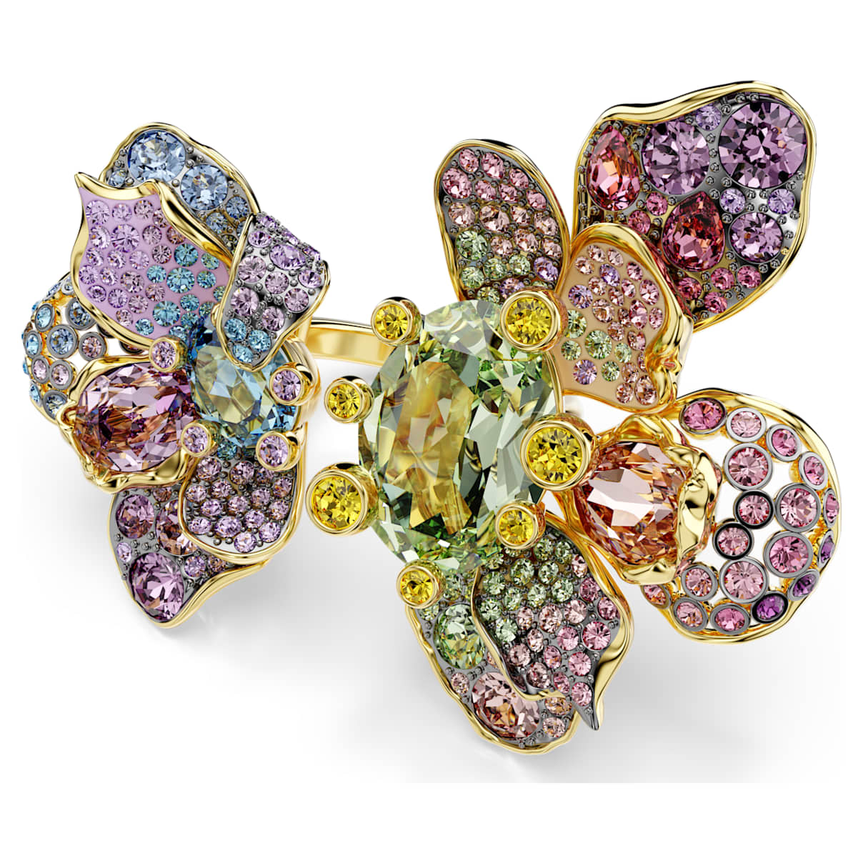 IDYLLIA RING MIXED CUTS PAVE FLOWER MULTICOLORED GOLD TONE PLATED