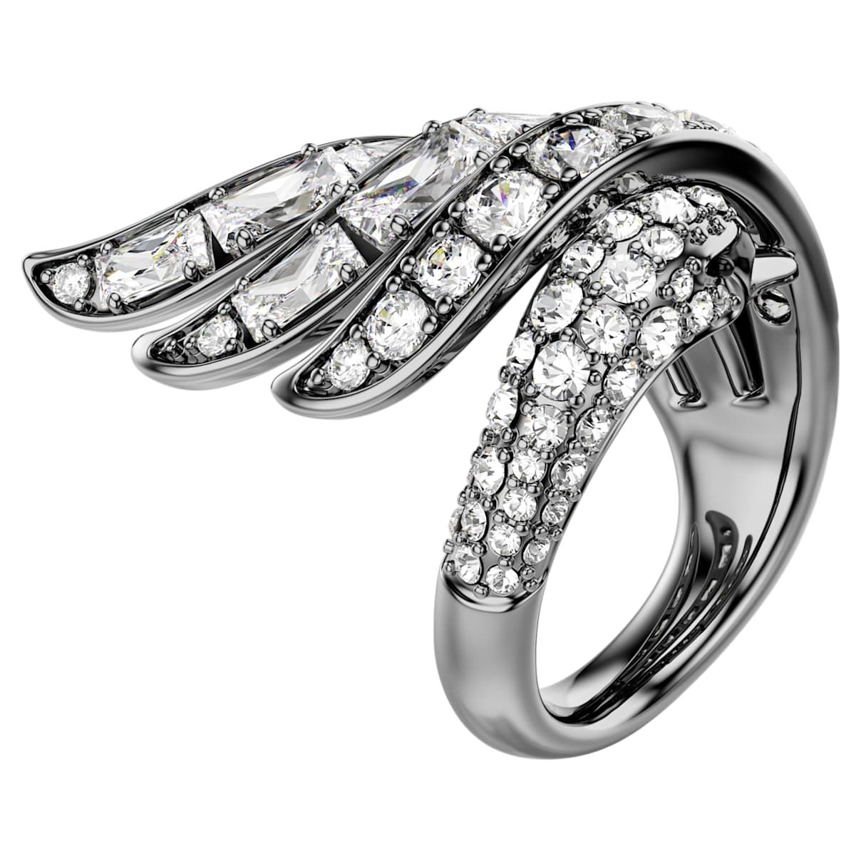 THE VIENNA COLLECTION RING SWAN WHITE RUTHENIUM PLATED