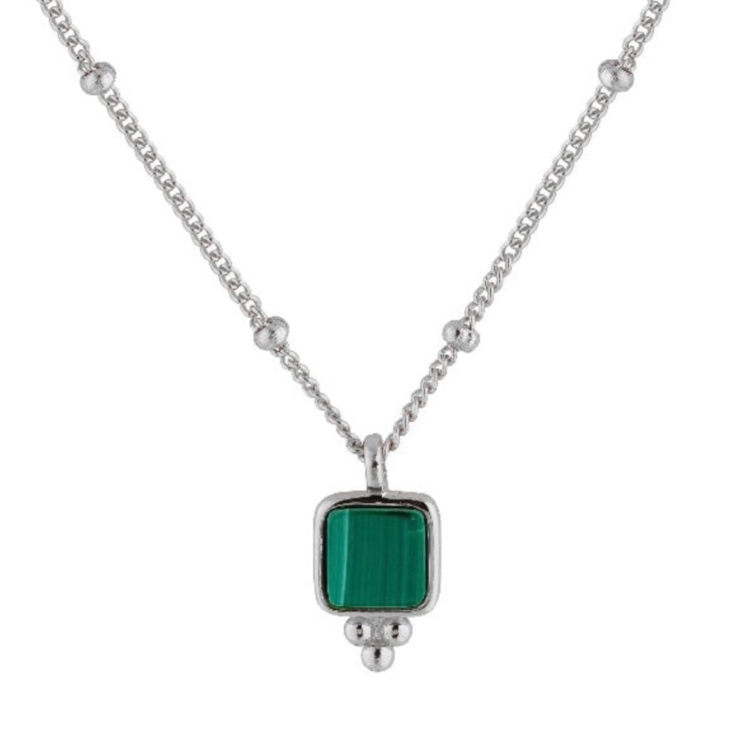 Annie Apple Dulcie Sterling Silver, Green Natural Malachite Pendant Beaded Necklace