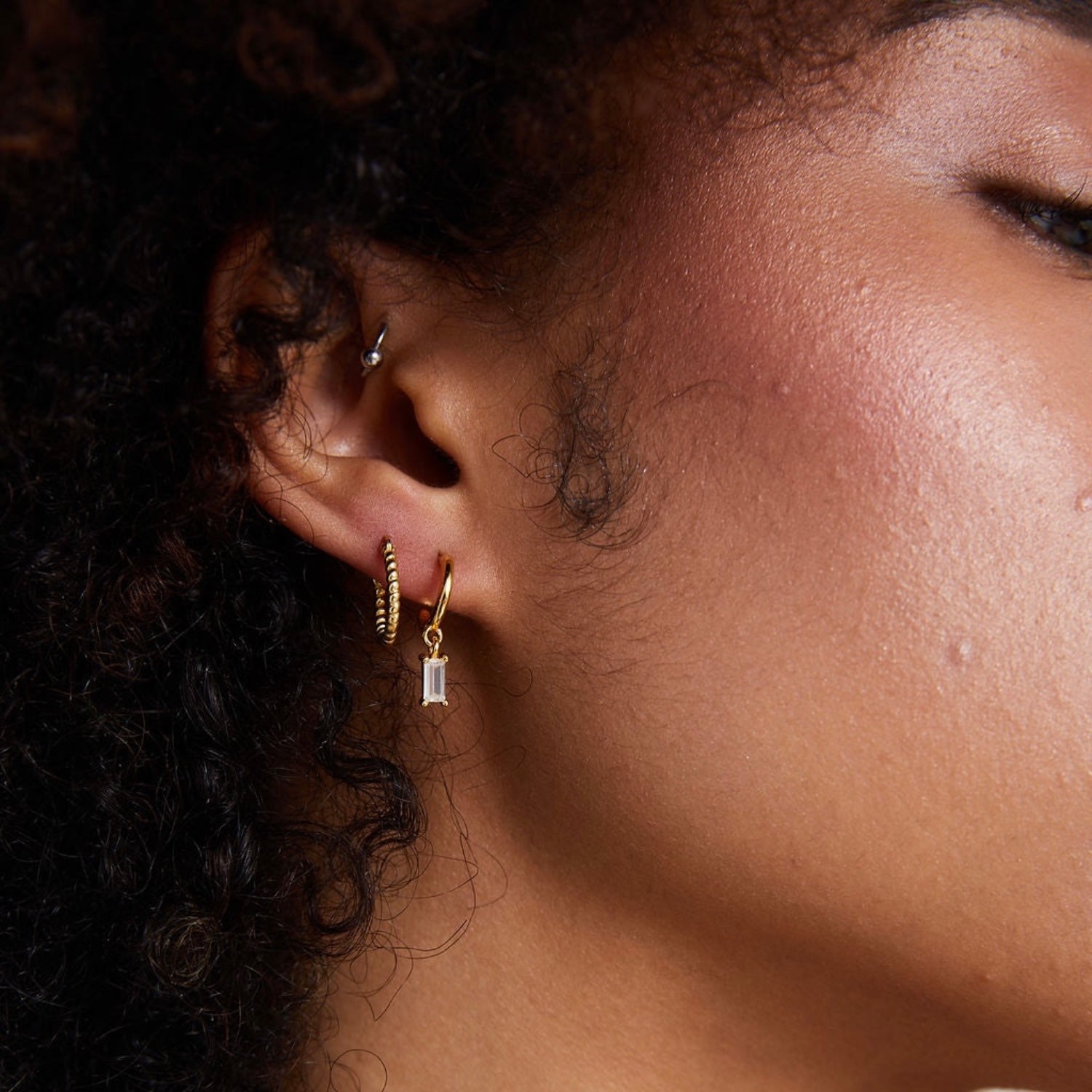 Annie Apple Kaia Sterling Silver, Gold Vermeil Baguette Charm Hoop Earring