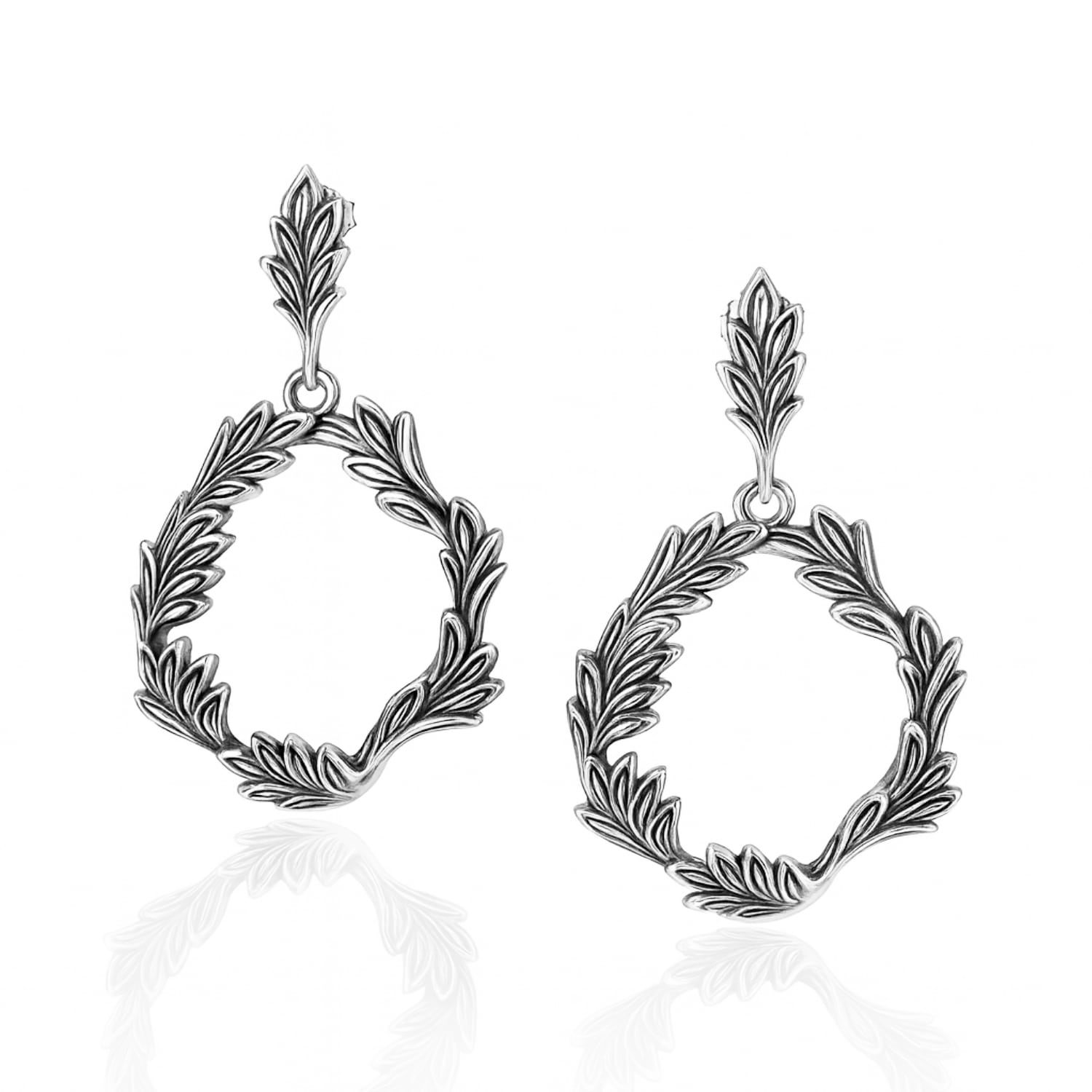 Antigua Silver Hoop Earrings With Leaves – Wild Collection By Unaloe – Jewelry For Women