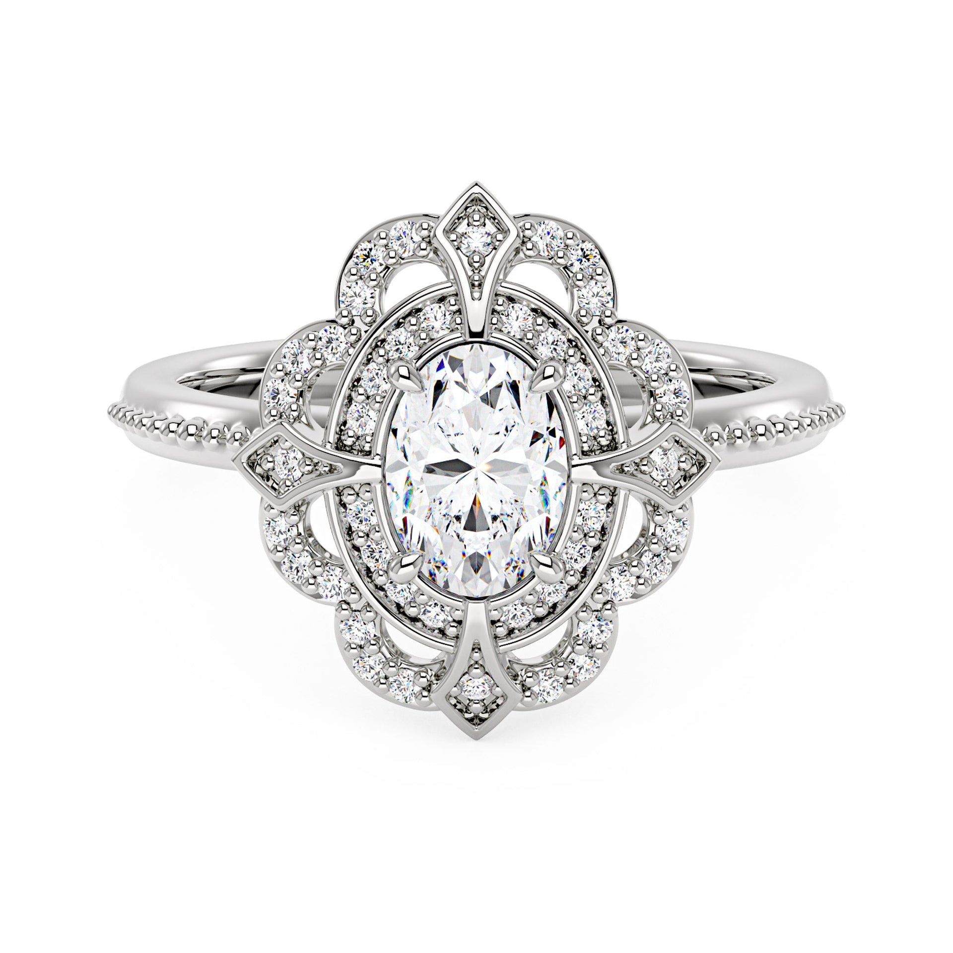 1 Carat Art Deco Oval Pavé Halo Moissanite Ring