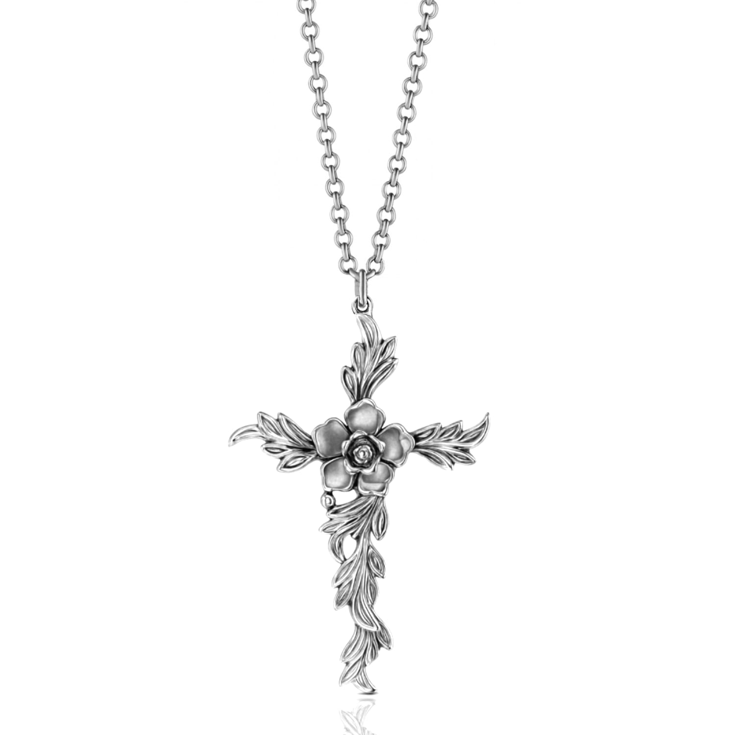 Antique Sterling Silver Cross Pendant Necklace With Leaf – Jewelry For Women