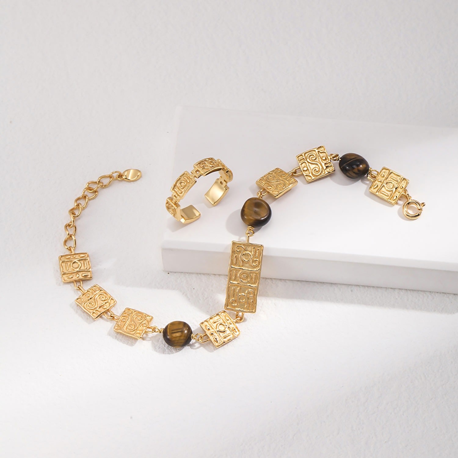 Antique Style Tiger Eye Stone With Sterling Silver Plated Gold Bracelet