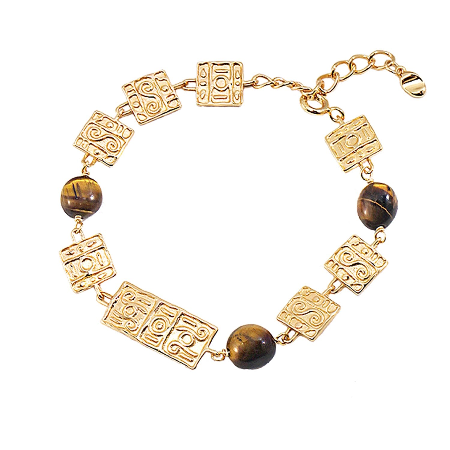 Antique Style Tiger Eye Stone With Sterling Silver Plated Gold Bracelet