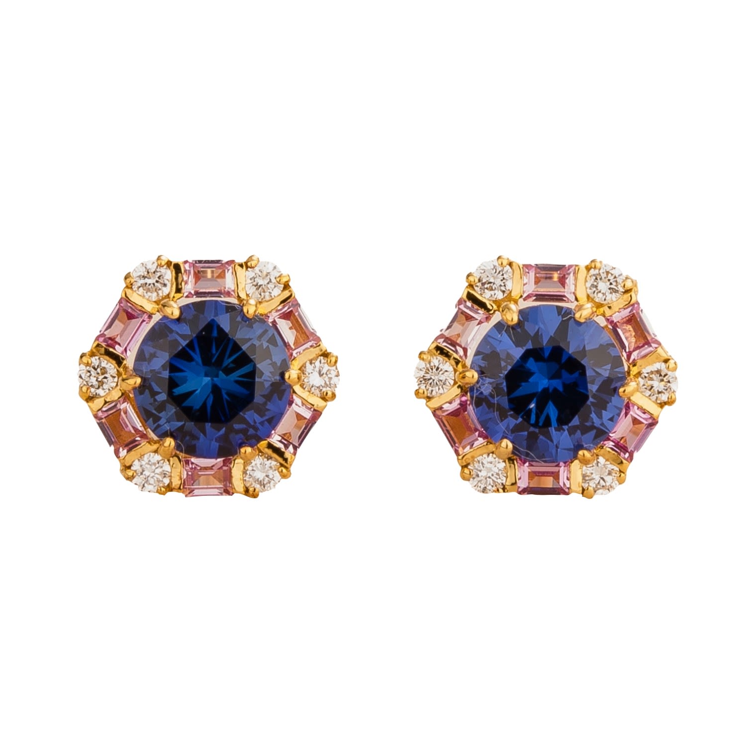 Melba Gold Earrings Blue Sapphires, Pink Sapphire & Diamond
