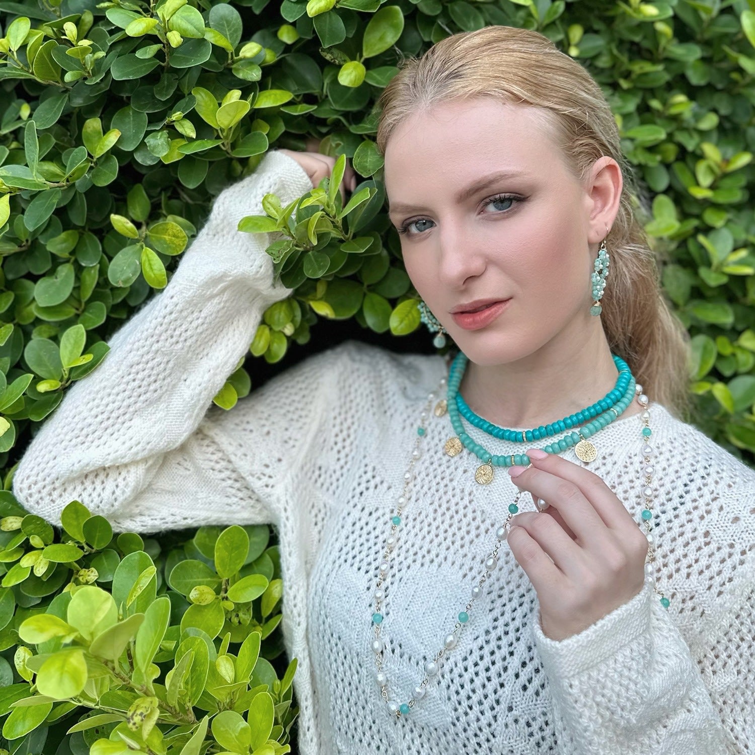 Amazonite Stone And Freshwater Pearls Station Necklace