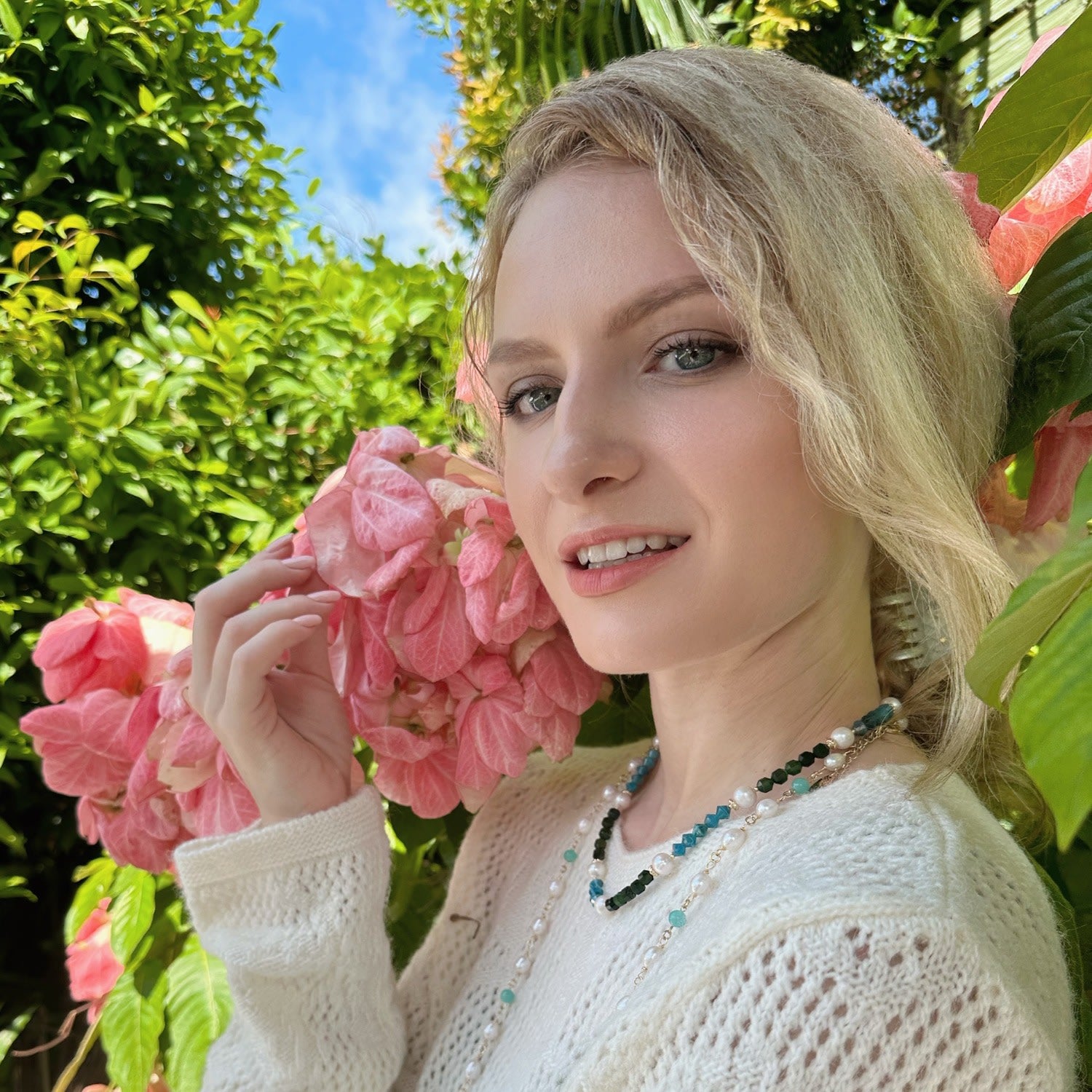 Green & Blue Gemstone With Freshwater Pearls Necklace