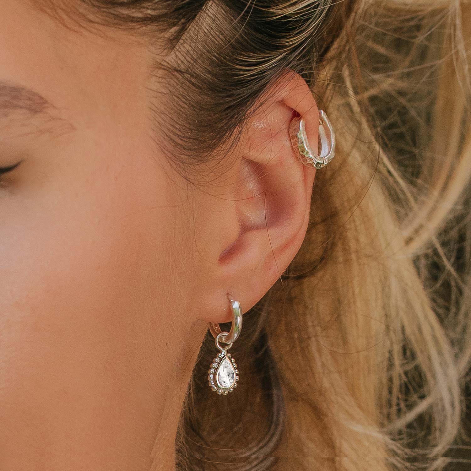 April Birthstone Sterling Silver Huggie Hoops - White Topaz