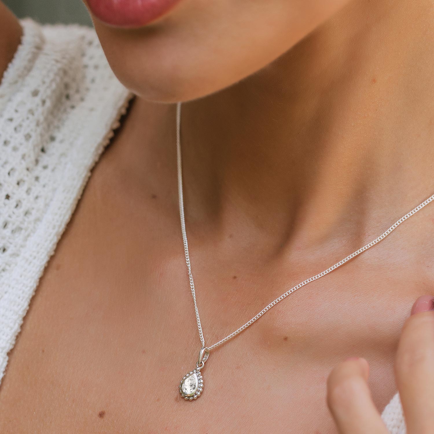 April Birthstone Sterling Silver Necklace - White Topaz