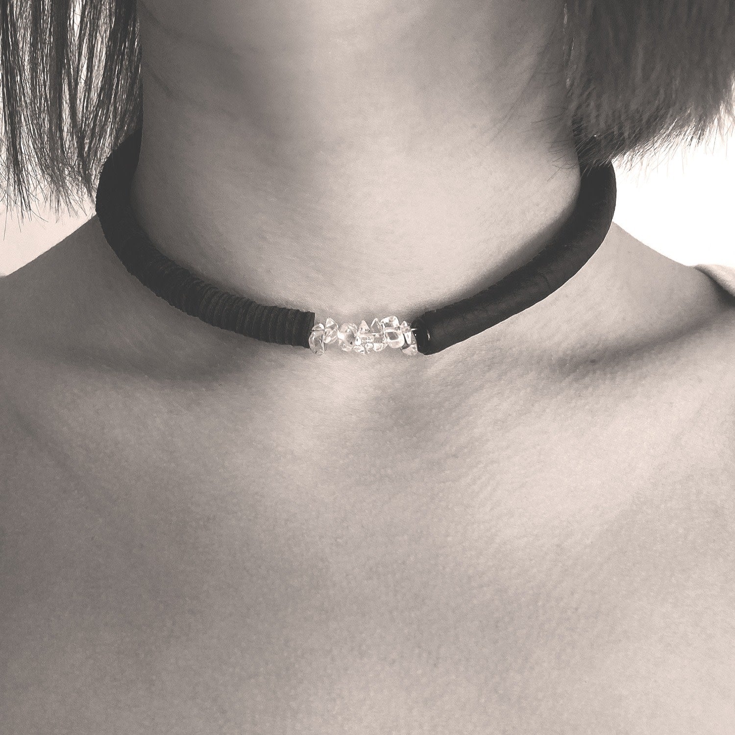 Black Leather Choker With Clear Quartz Crystals