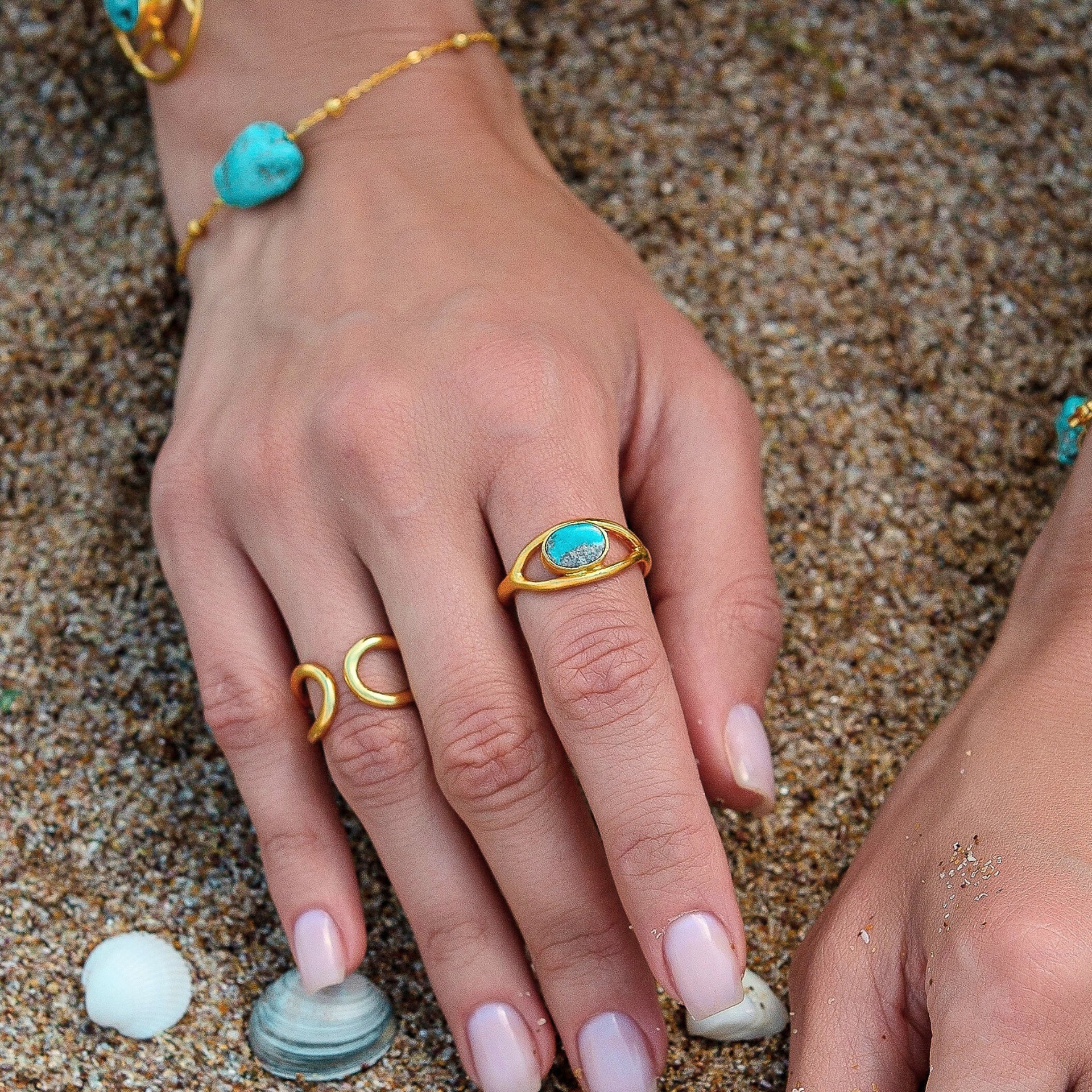 Aqua Swirl Elegance Turquoise Gold Wave Ring