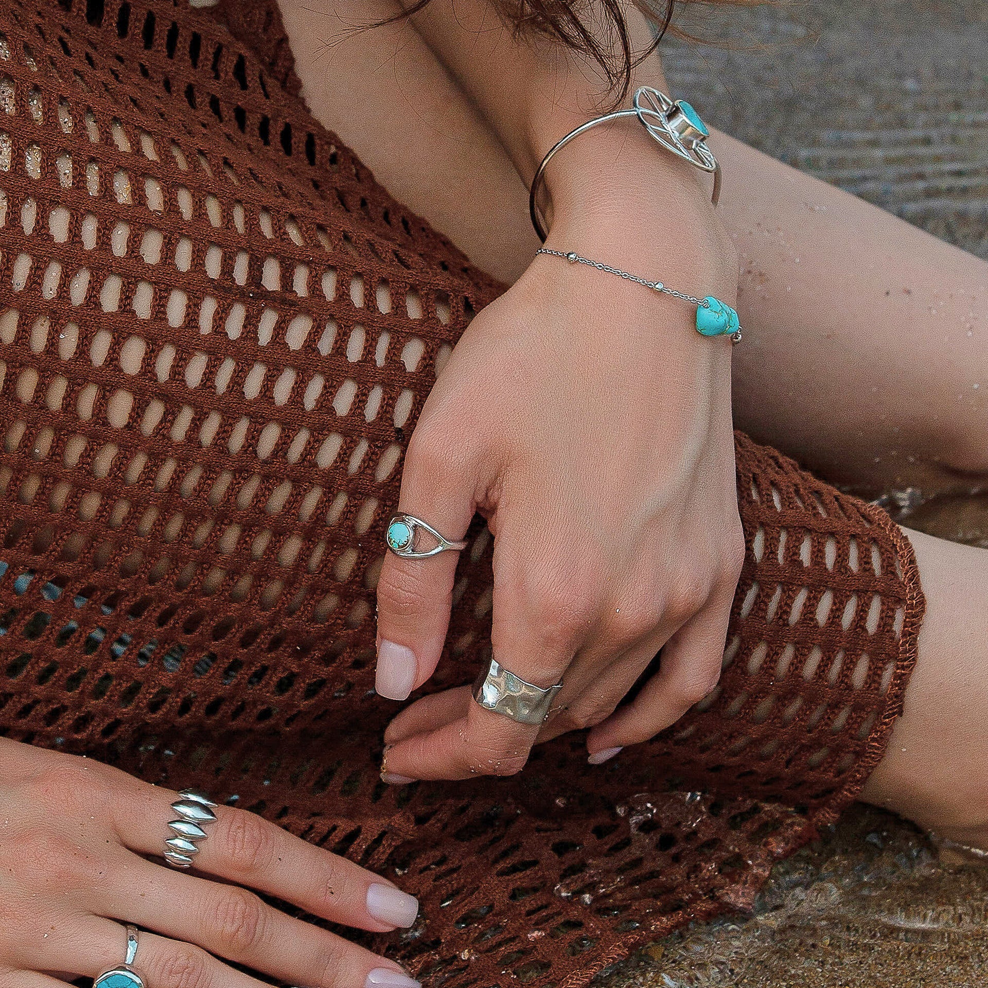 Aqua Swirl Elegance Turquoise Silver Wave Ring