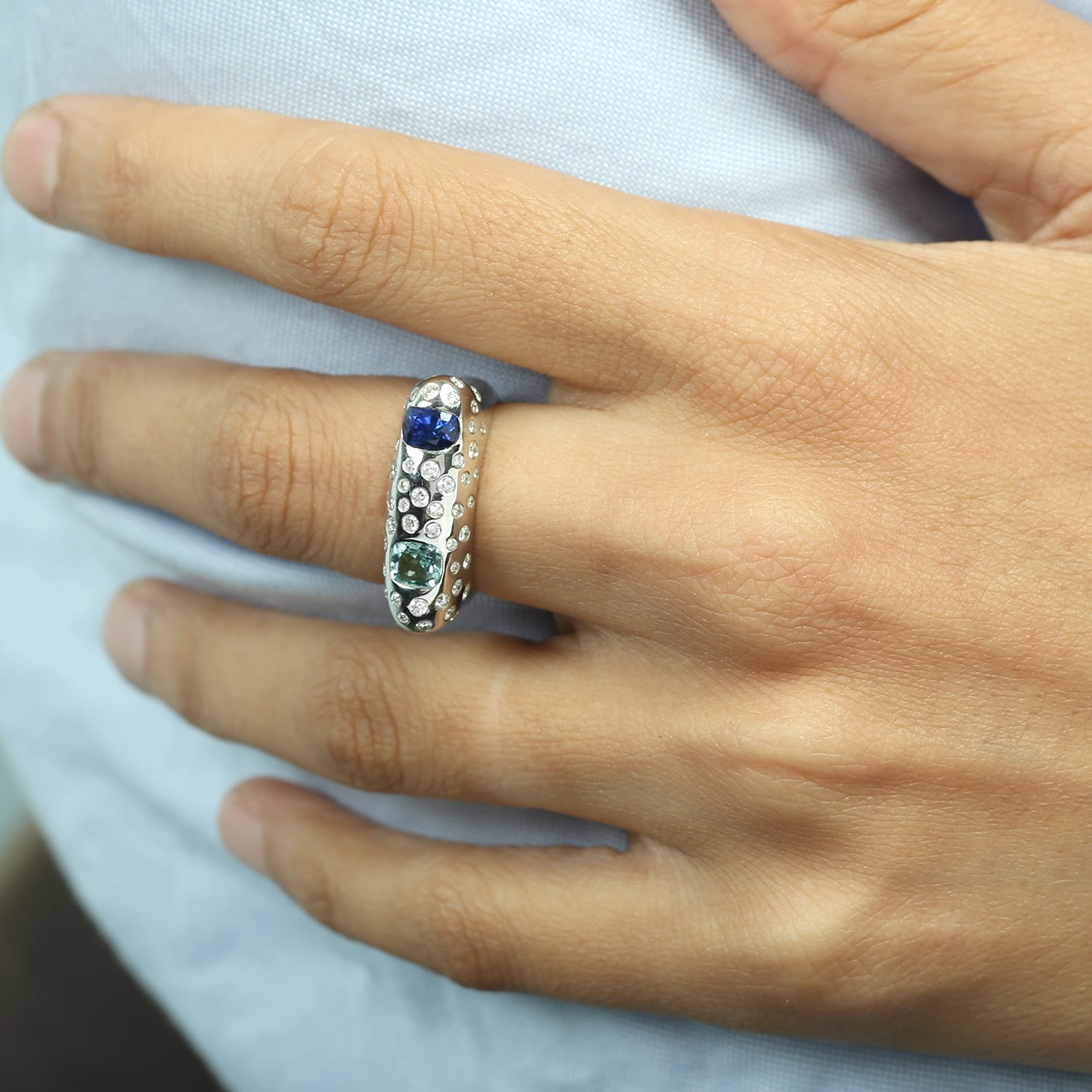 Aquamarine & Blue Sapphire Bezel Diamond Band Ring In White Gold