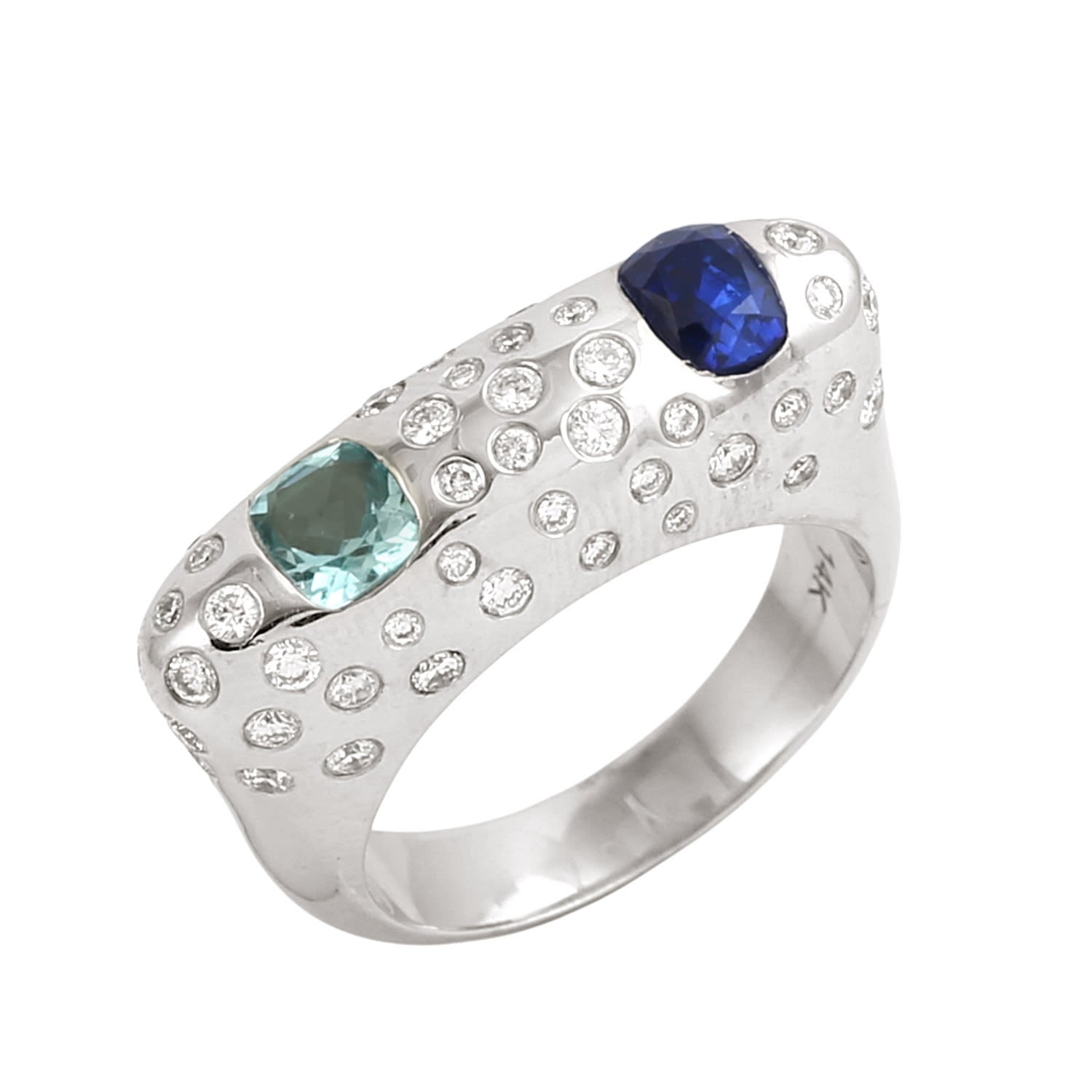 Aquamarine & Blue Sapphire Bezel Diamond Band Ring In White Gold