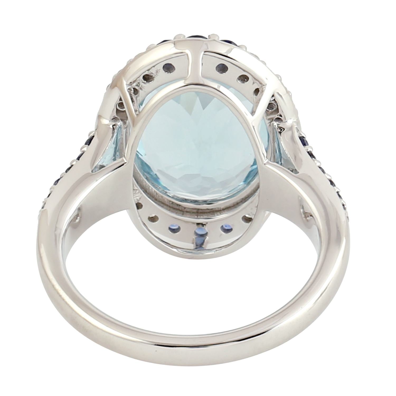 Aquamarine & Blue Sapphire Gemstone Pave Diamond Cocktail Ring In White Gold