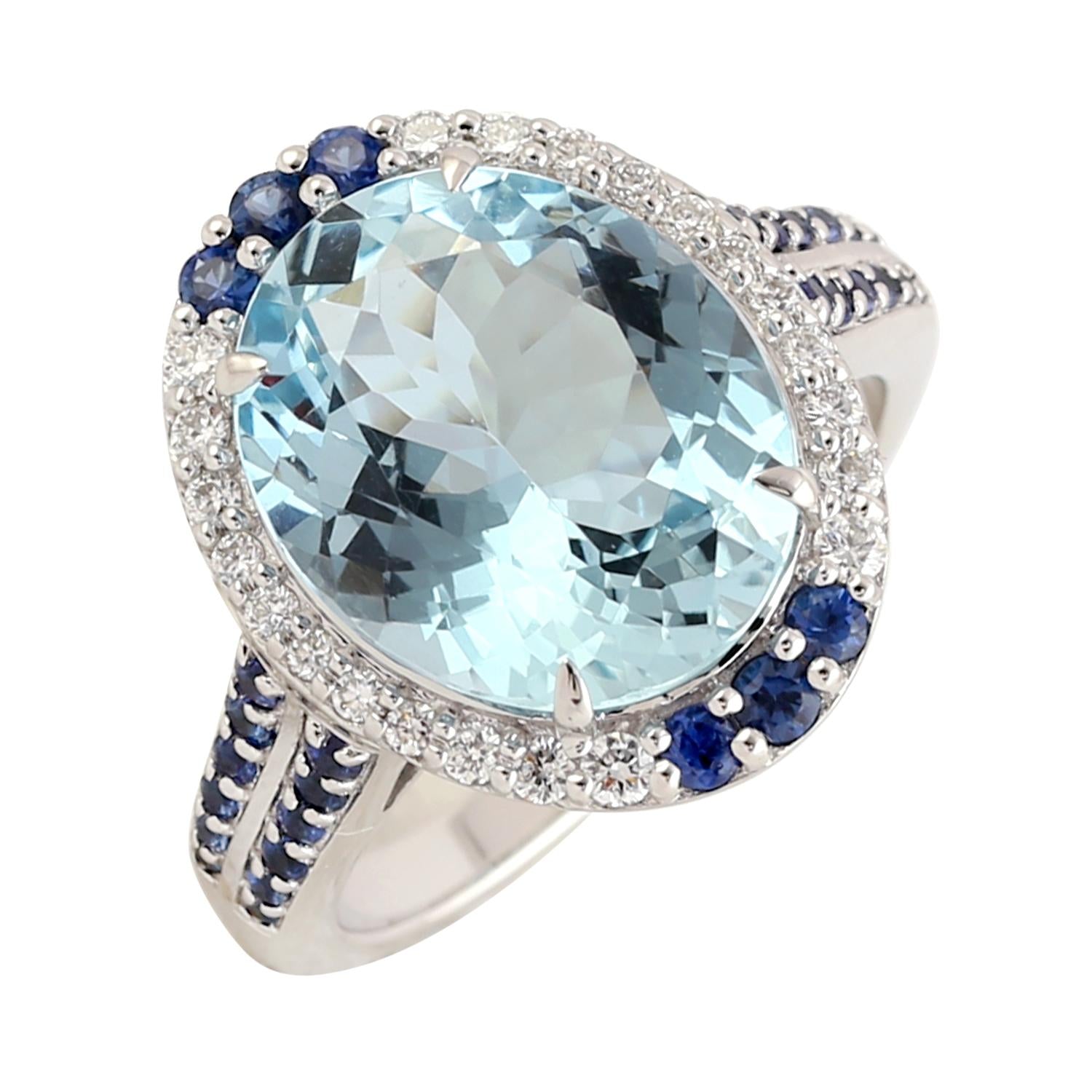 Aquamarine & Blue Sapphire Gemstone Pave Diamond Cocktail Ring In White Gold